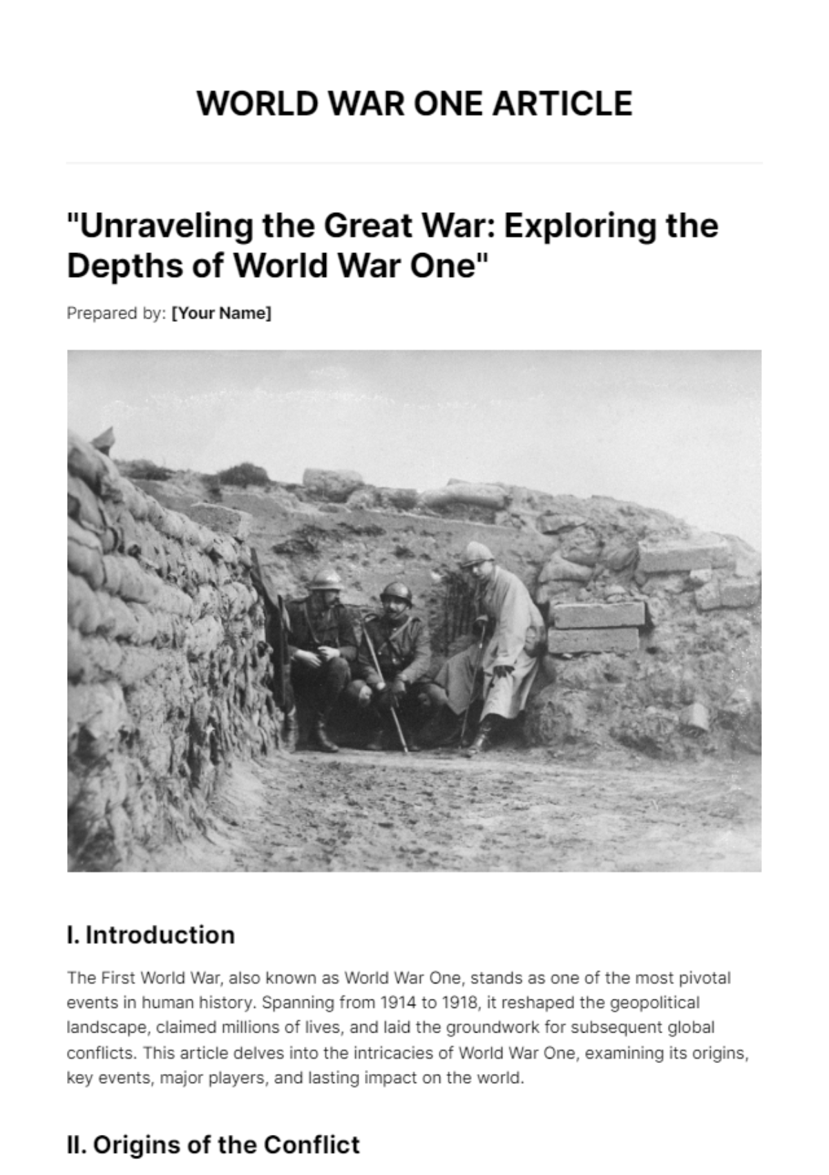 Free World War One Article Template