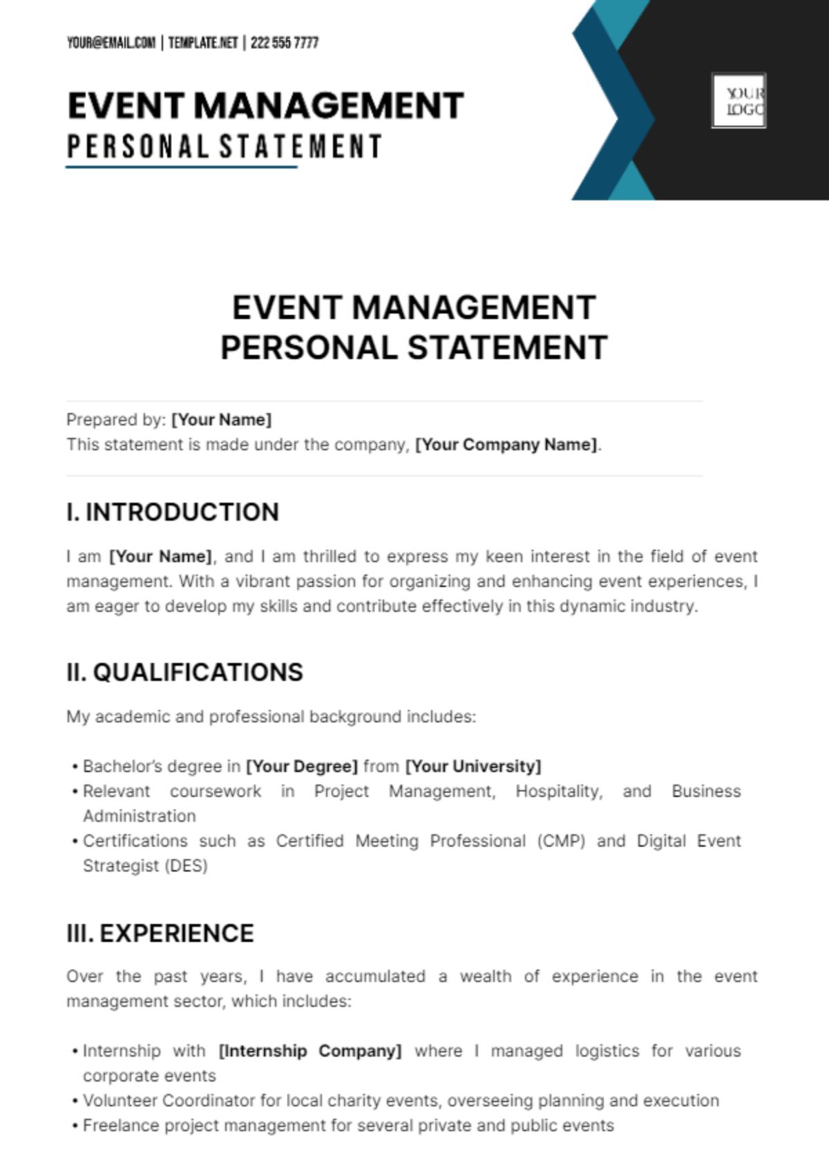 Free Event Management Personal Statement Template