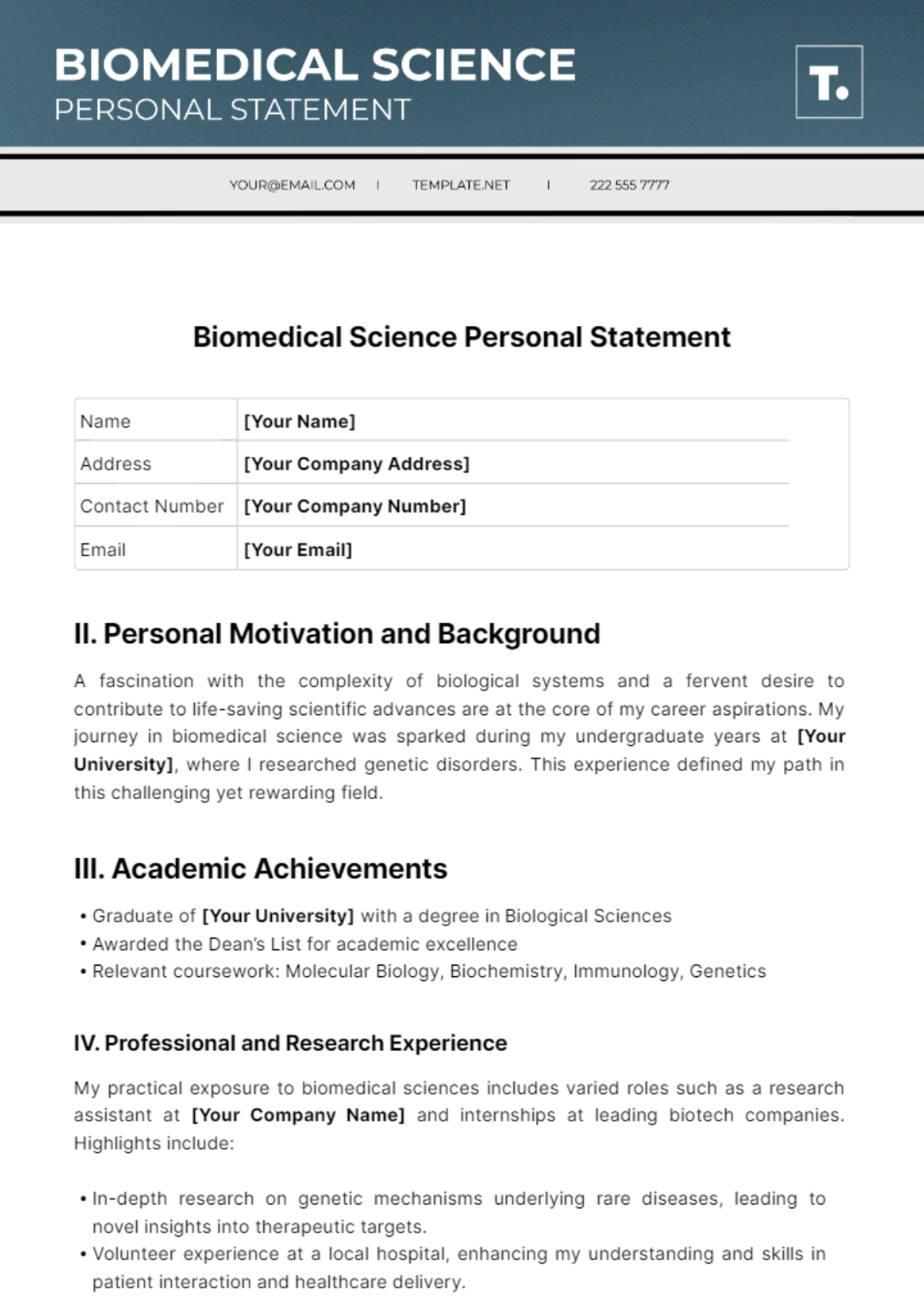 Biomedical Science Personal Statement Template