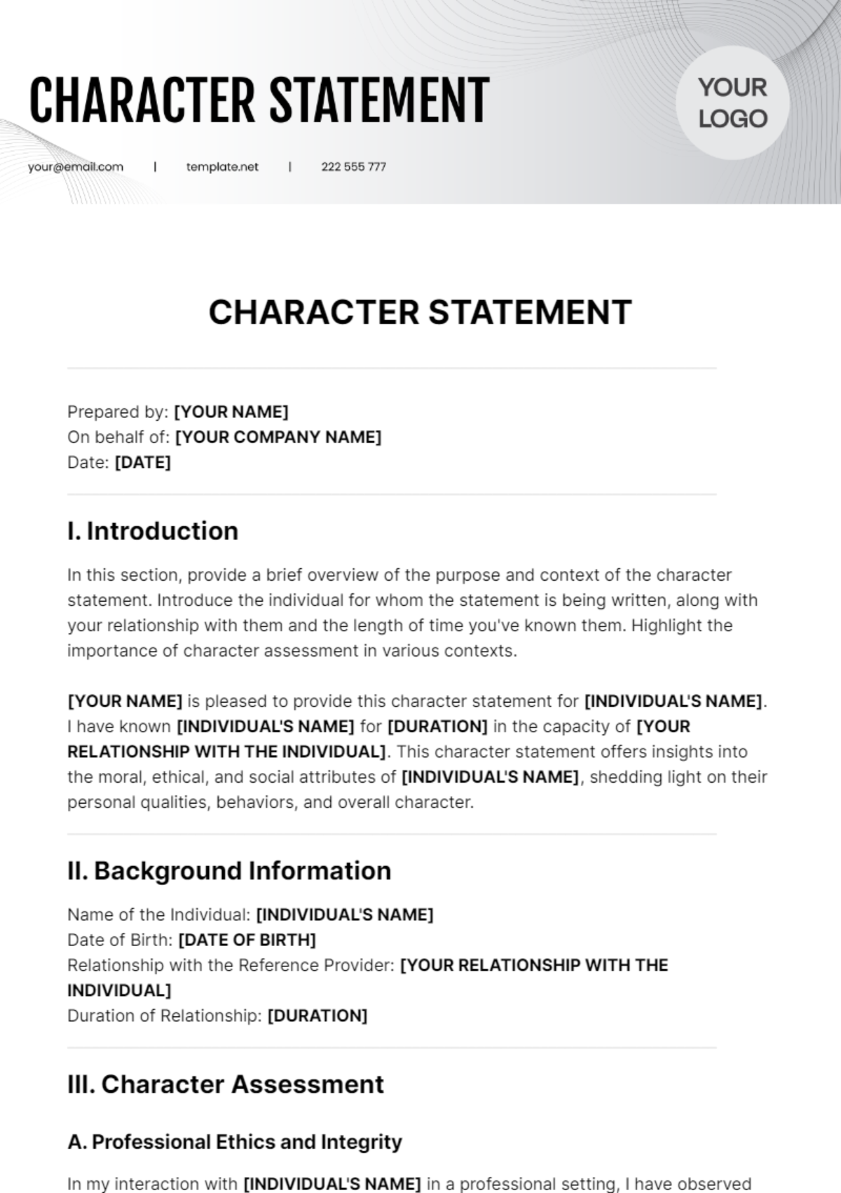 Free Character Statement Template