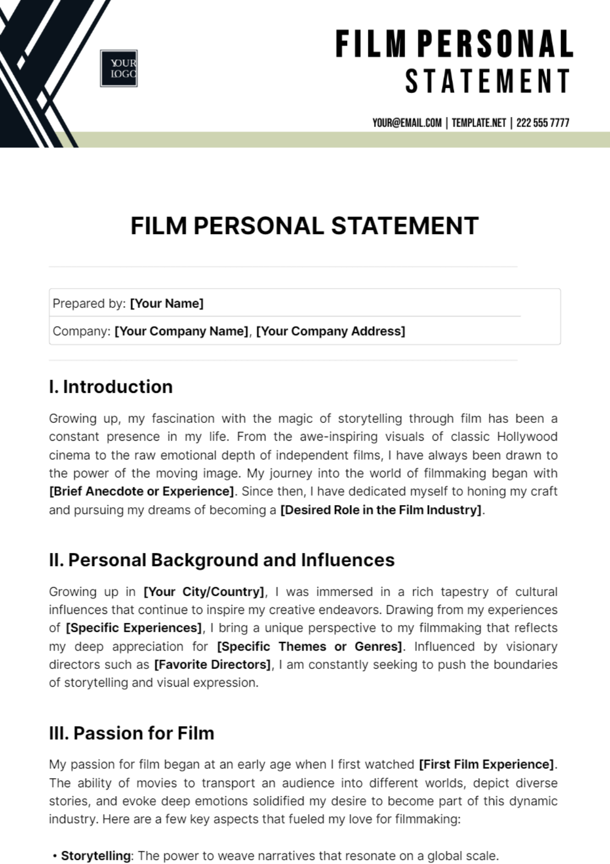 Free Film Personal Statement Template