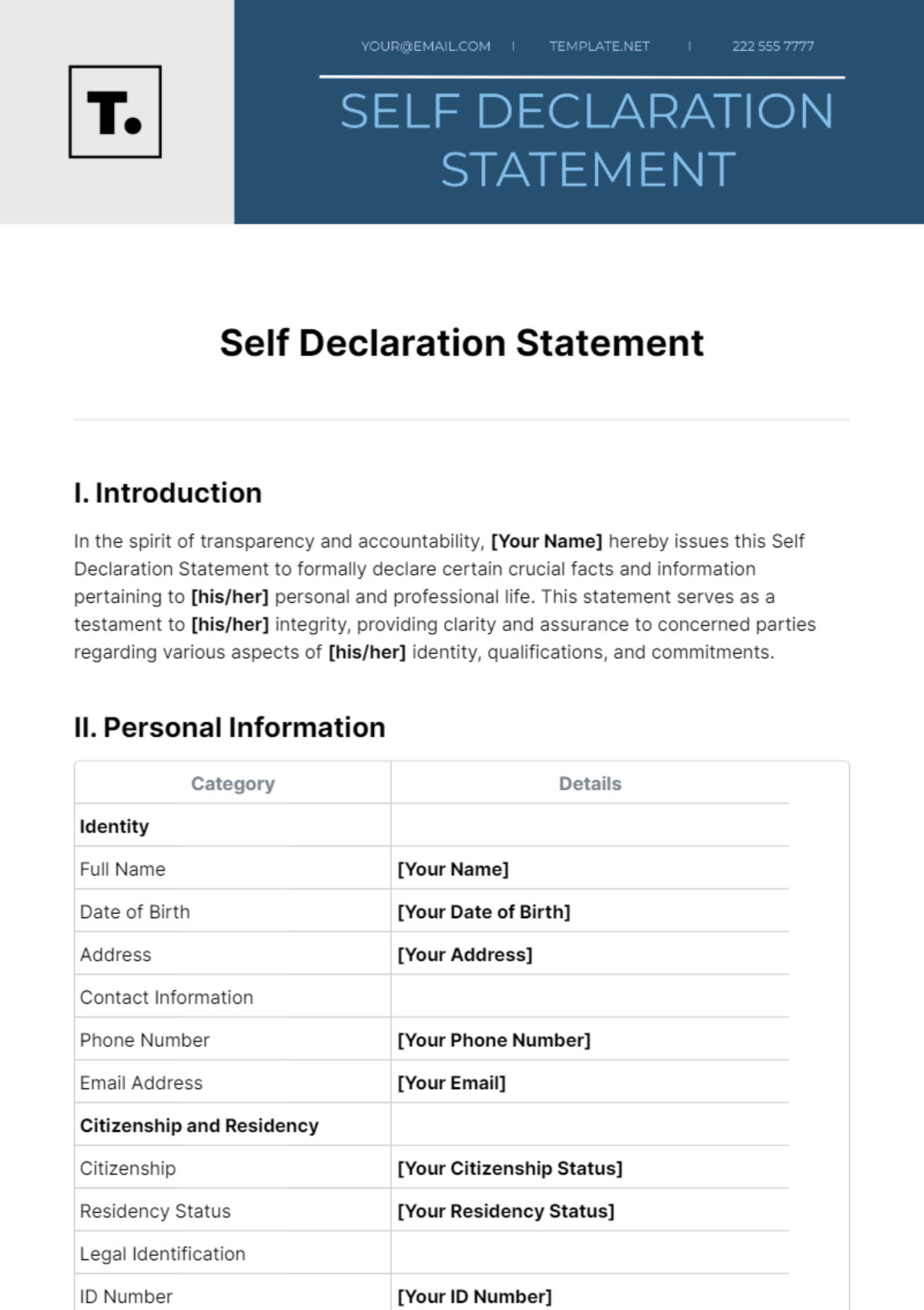 Self Declaration Statement Template