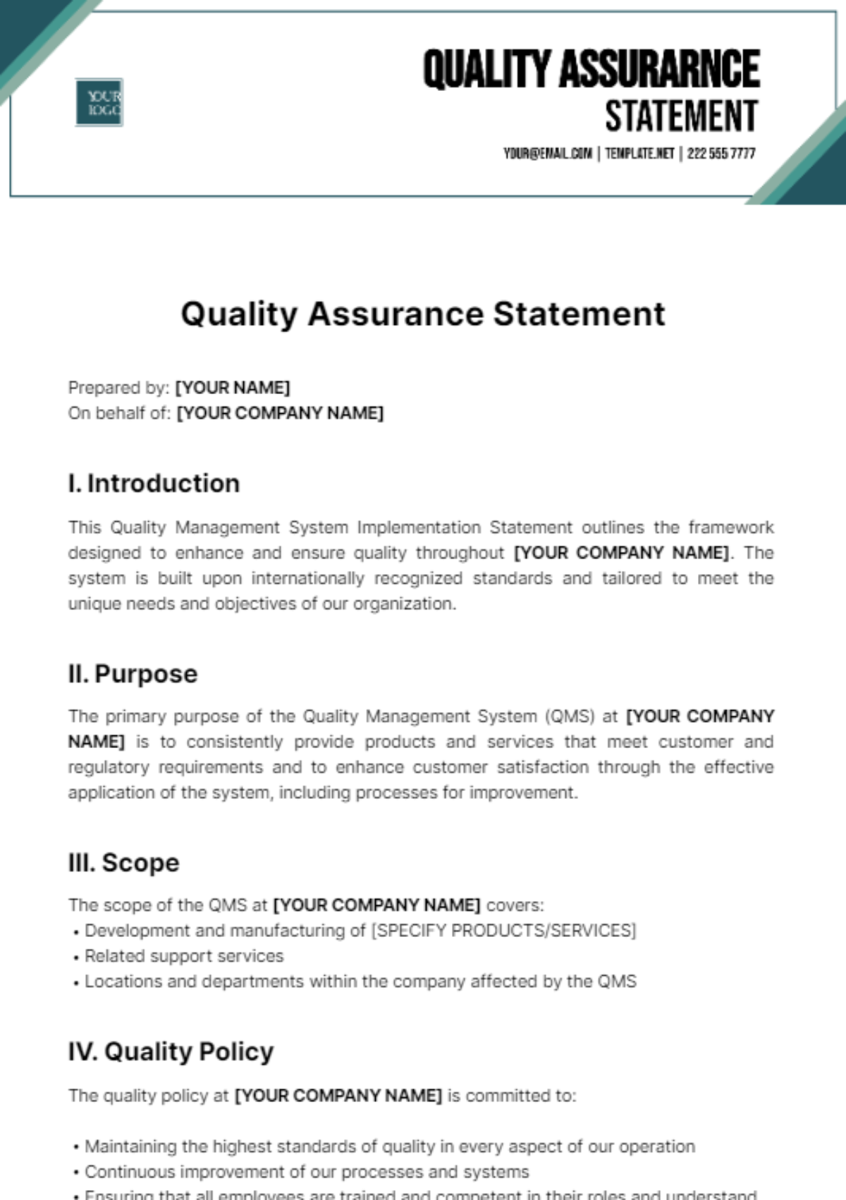 Quality Assurance Statement Template
