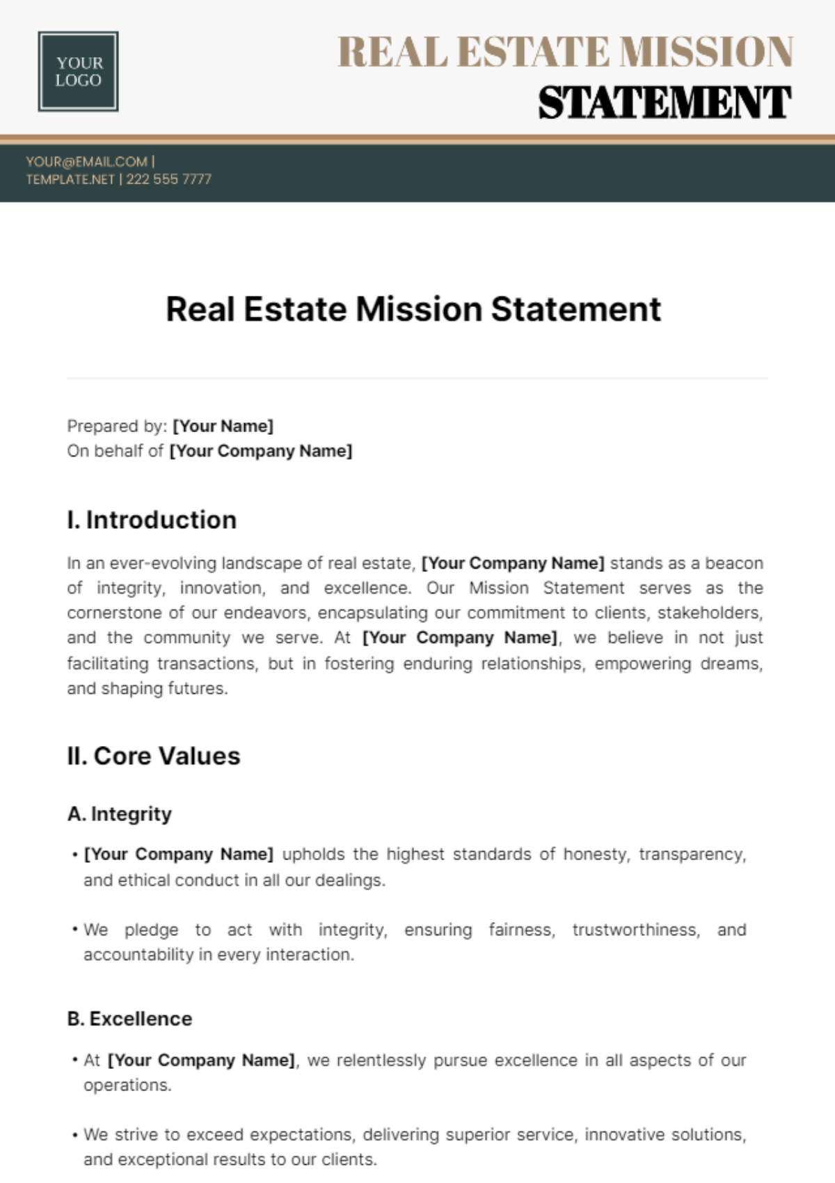 Real Estate Mission Statement Template