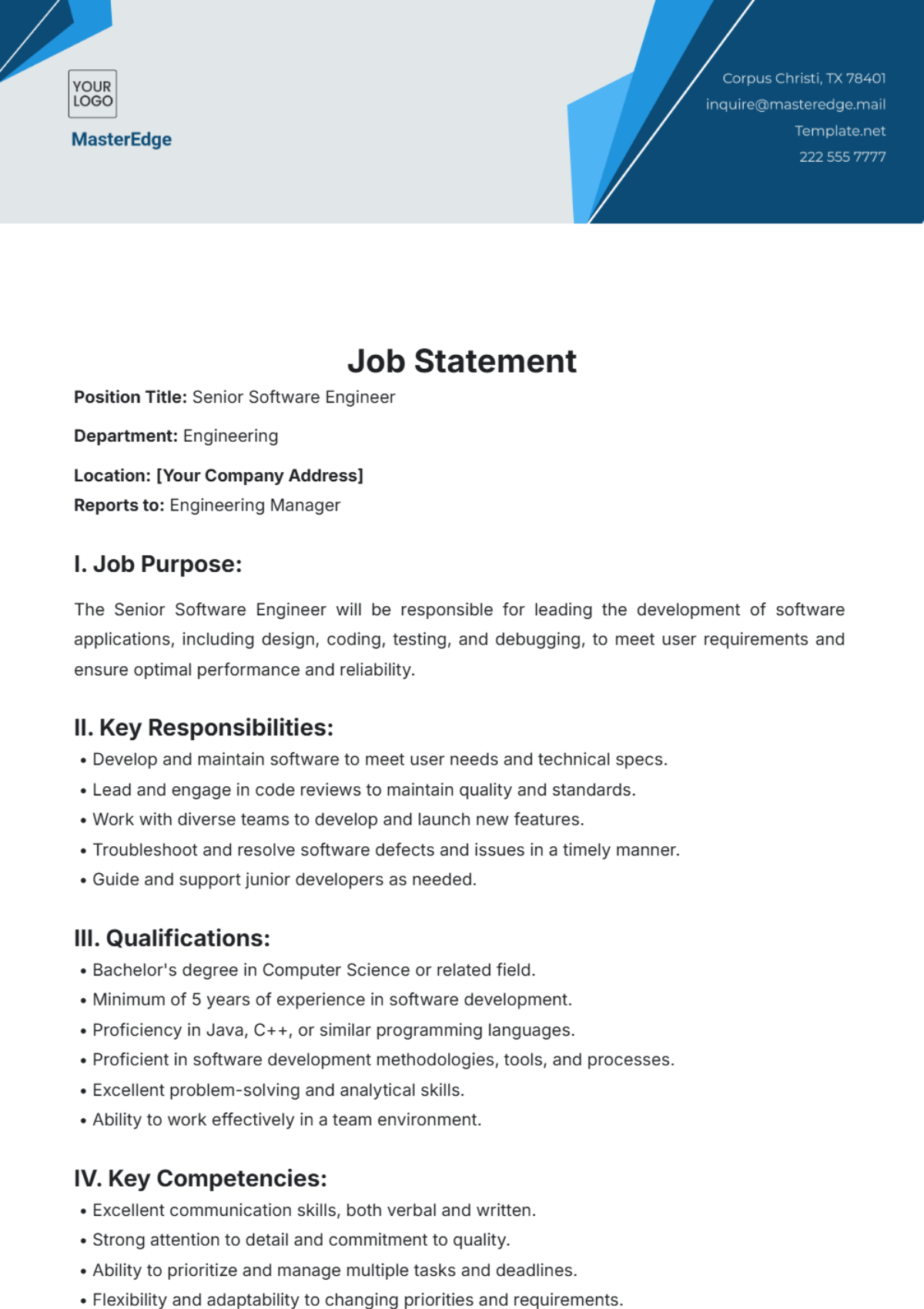 Professional Job Statement Template