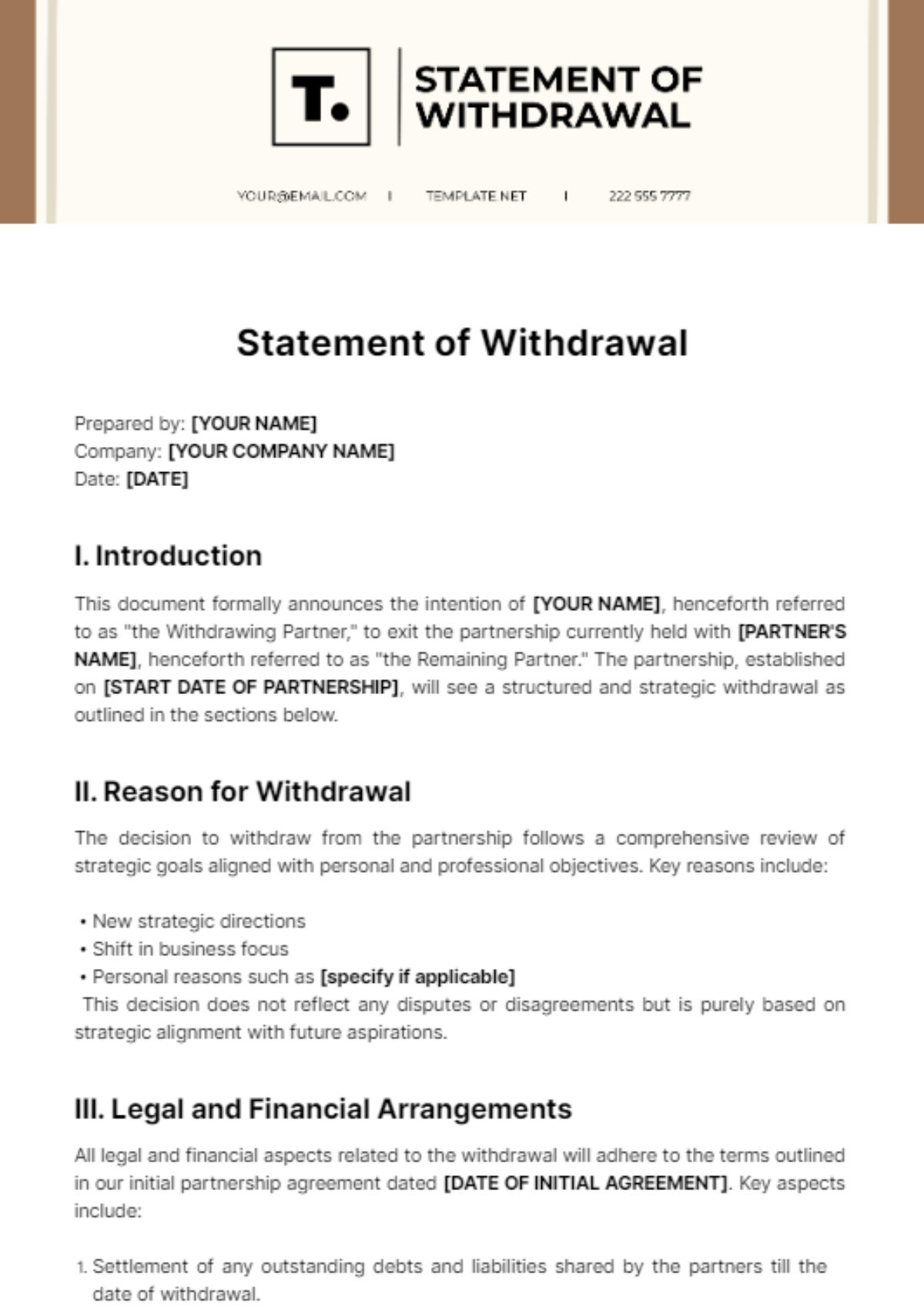 Statement of Withdrawal Template