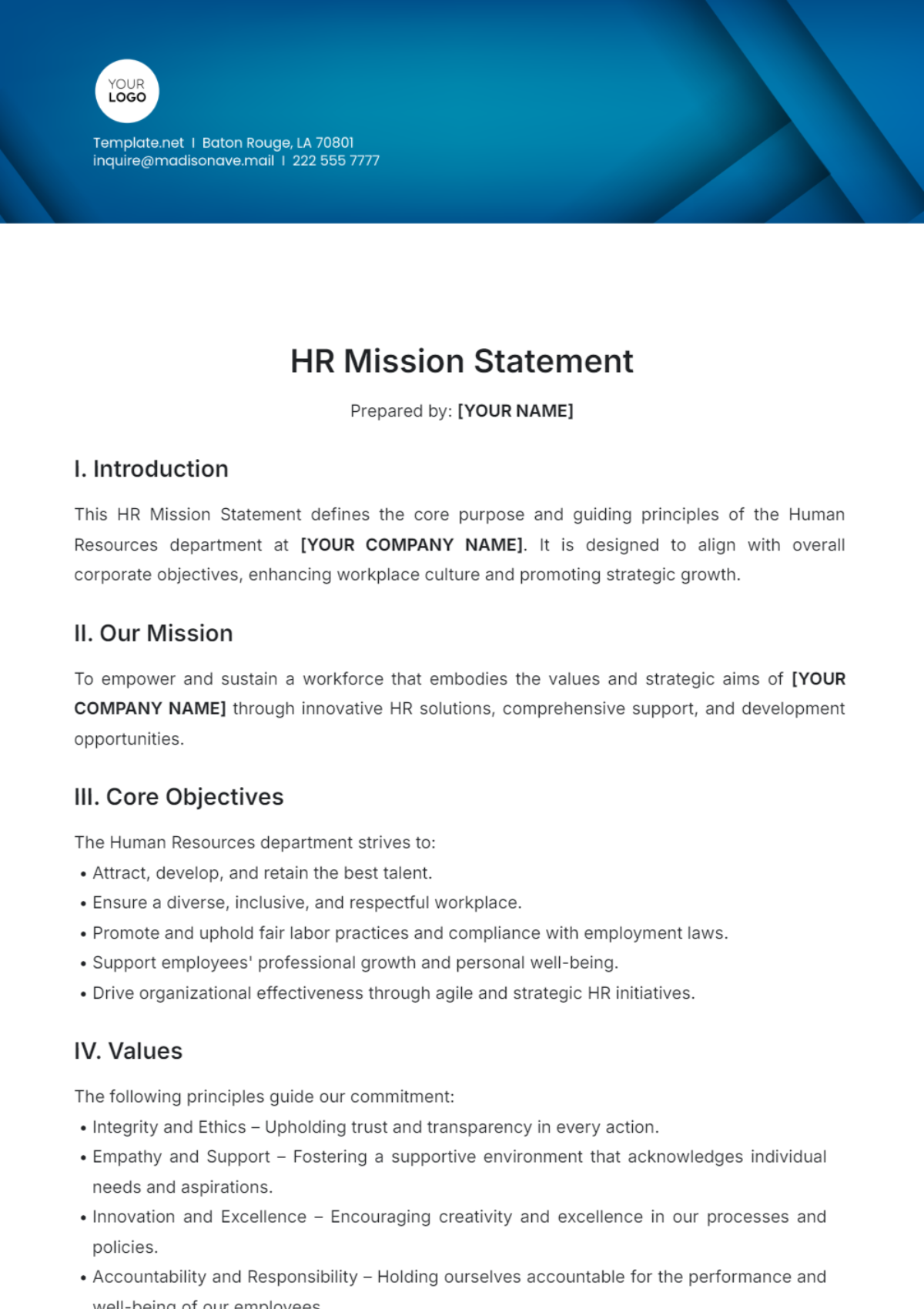 HR Mission Statement Template