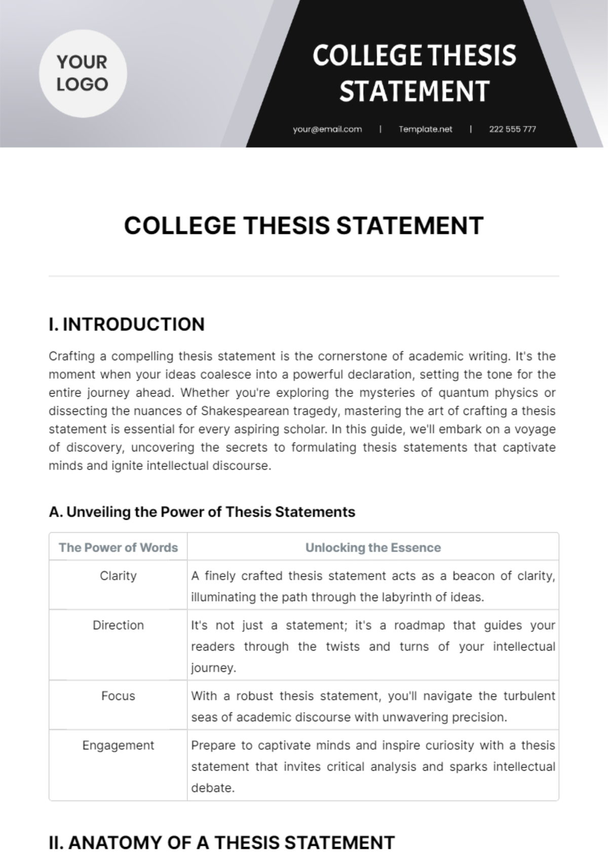 College Thesis Statement Template
