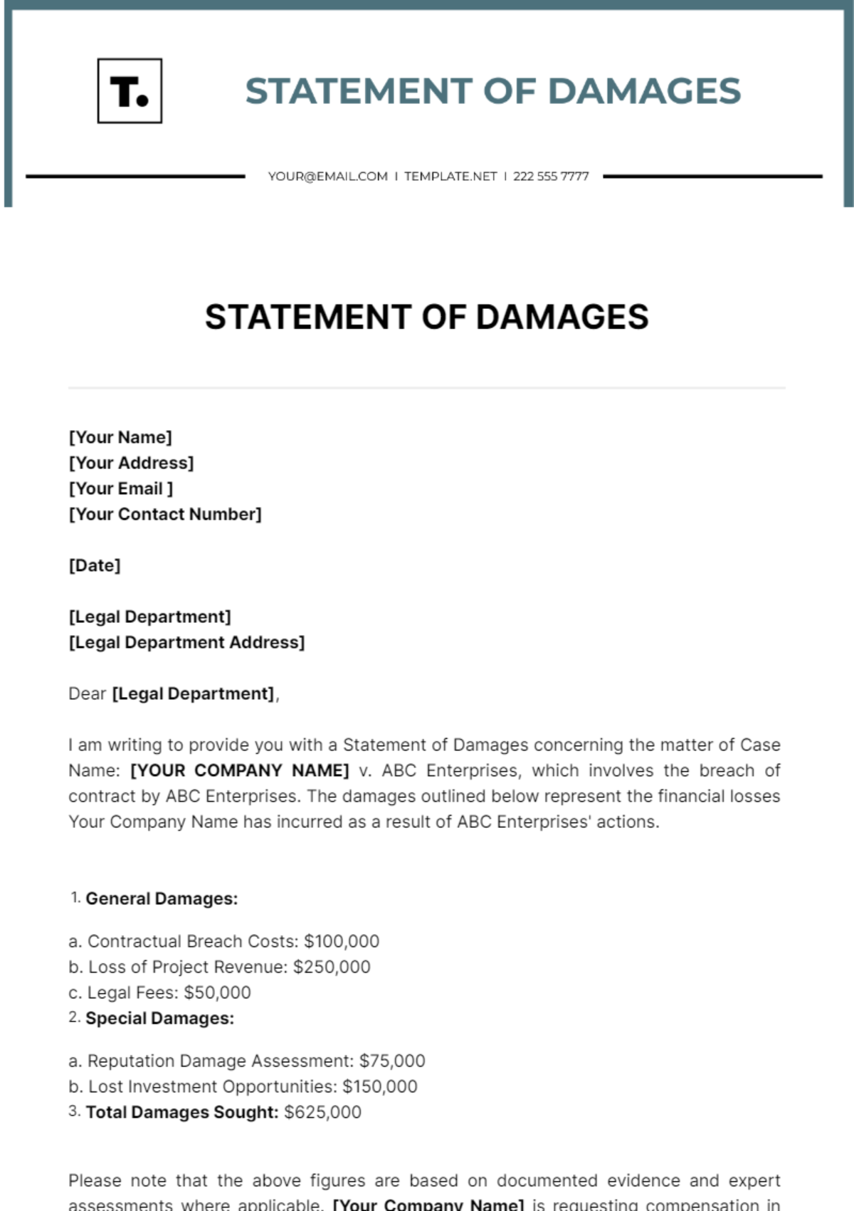 Statement of Damages Template
