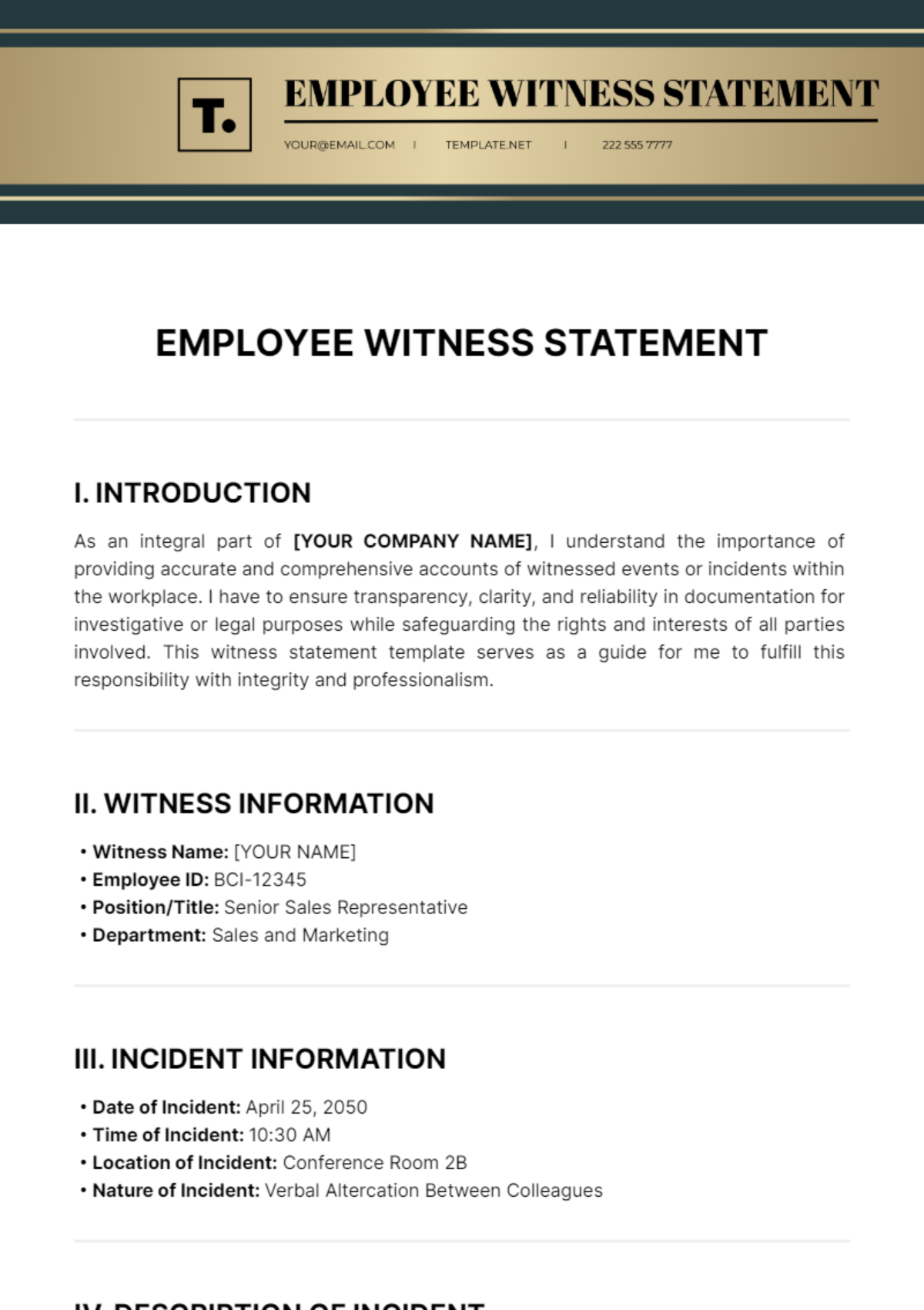Employee Witness Statement Template