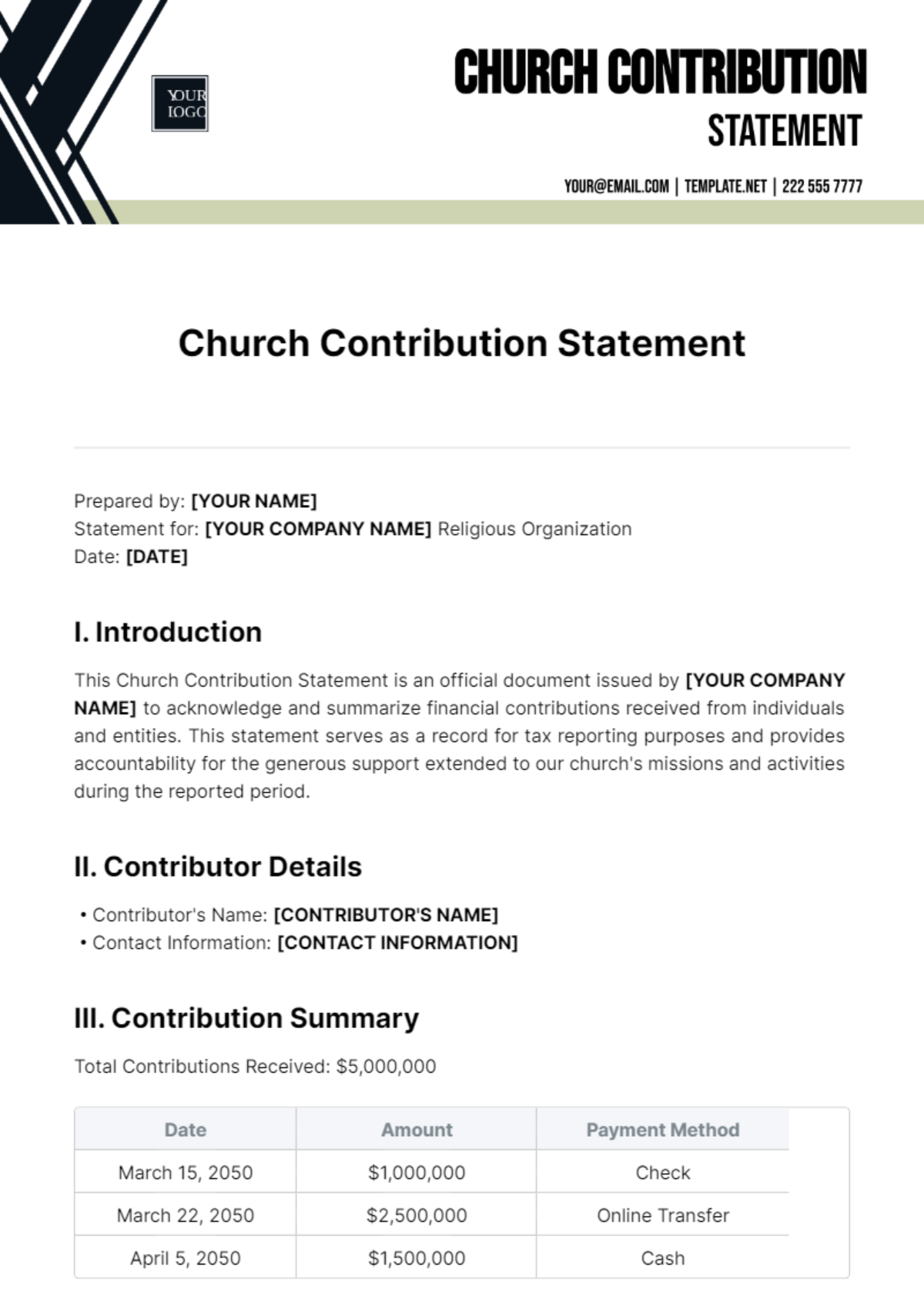 Church Contribution Statement Template