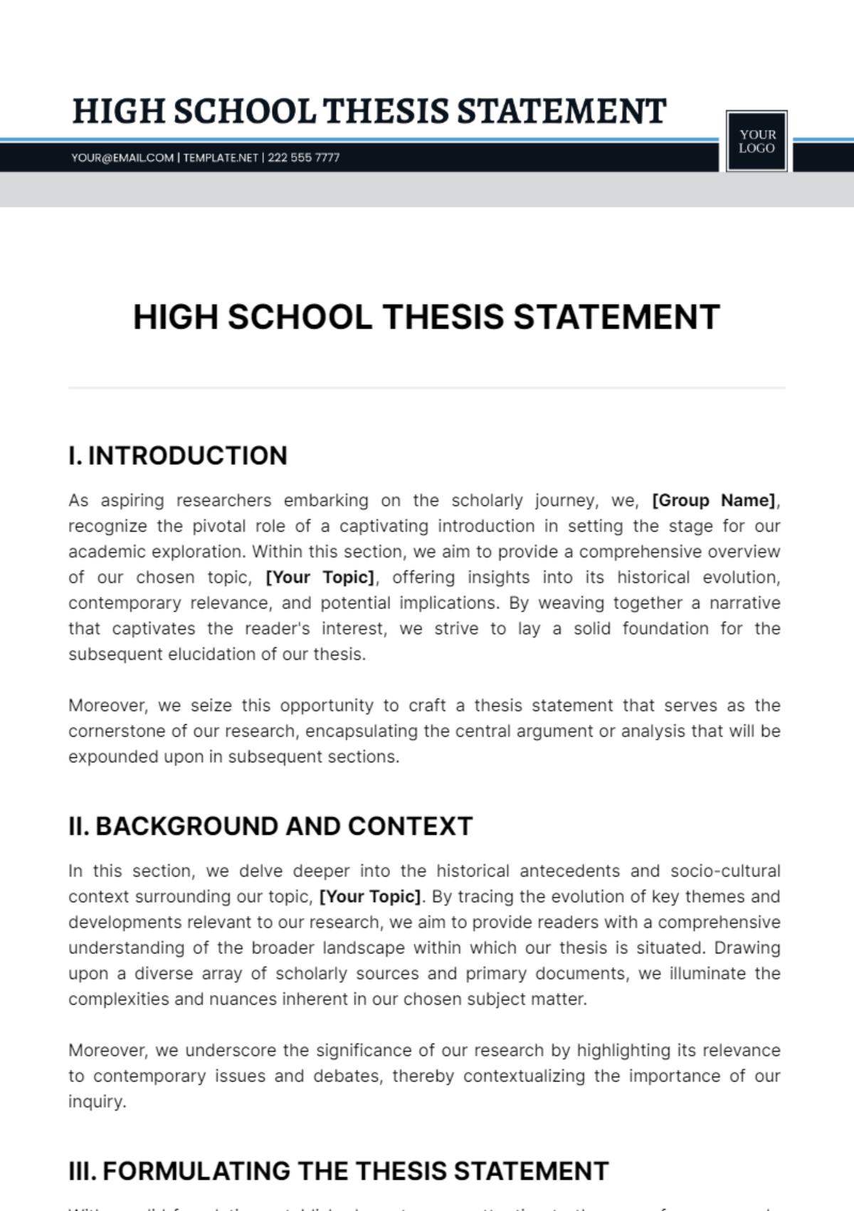 High School Thesis Statement Template