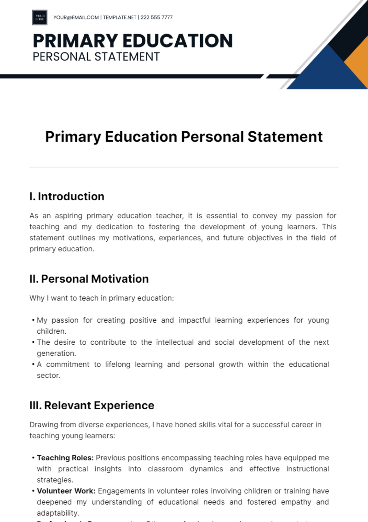 Primary Education Personal Statement Template