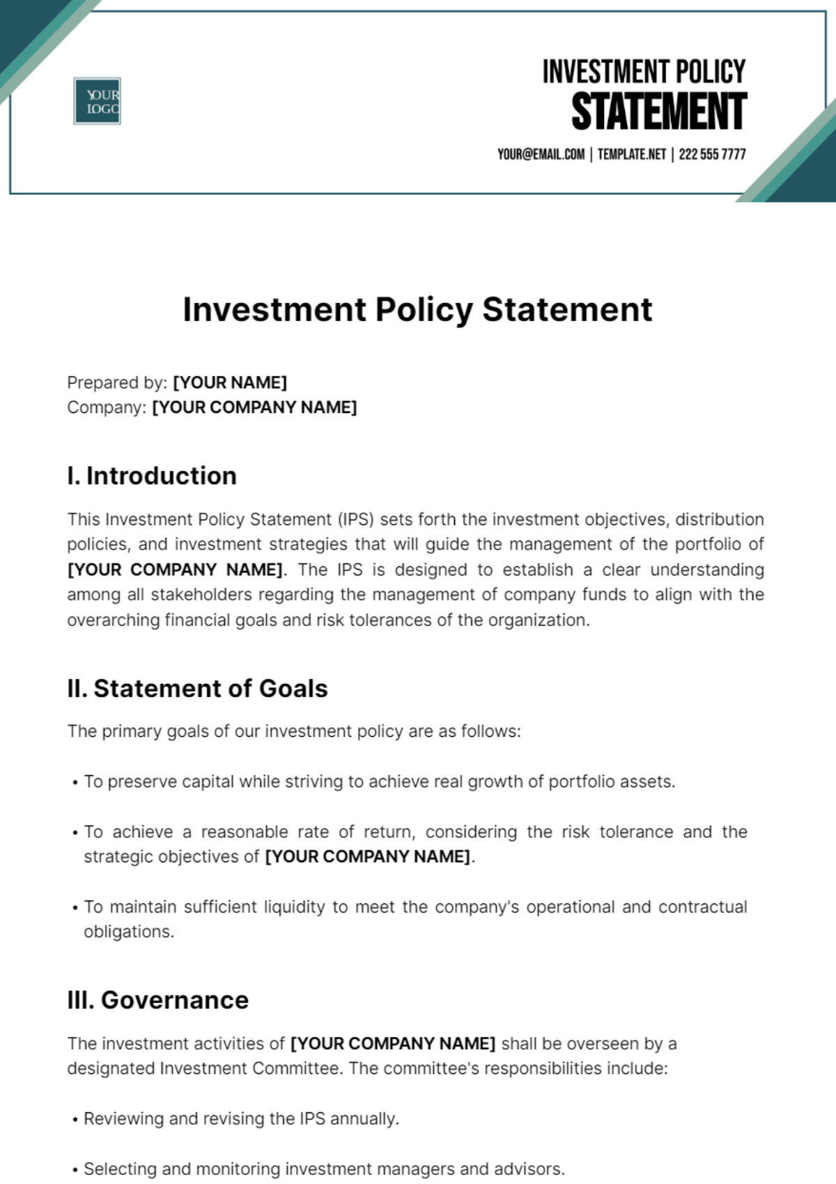 Free Investment Policy Statement Template