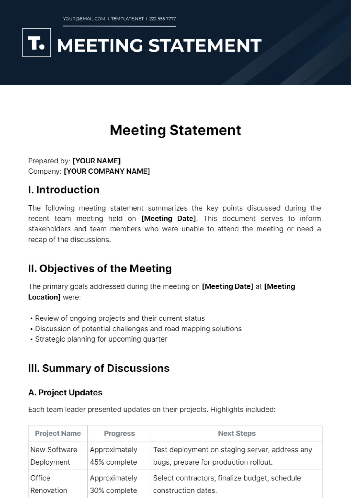 Free Meeting Statement Template