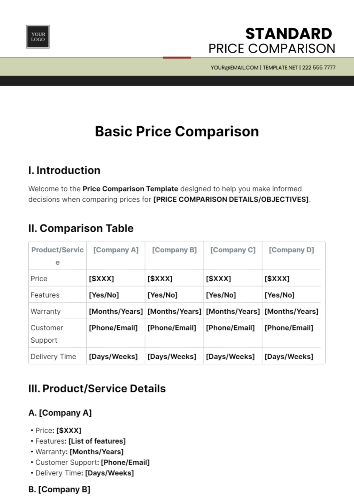 Basic Price Comparison Template
