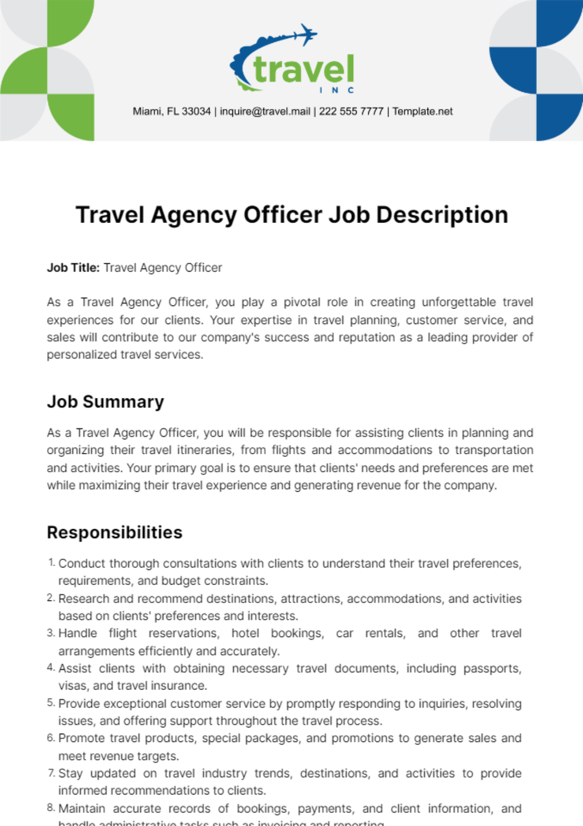 Free Travel Agency Officer Job Description Template