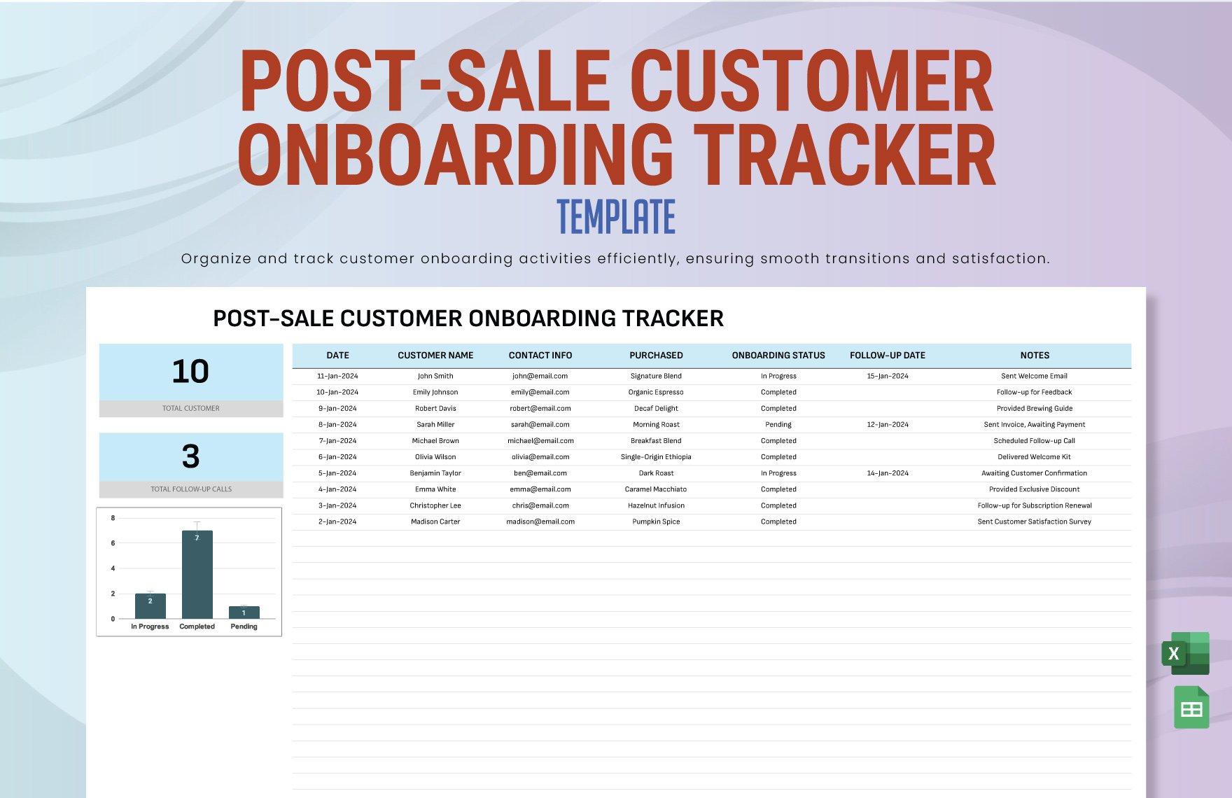 Post-Sale Customer Onboarding Tracker Template in Excel, Google Sheets
