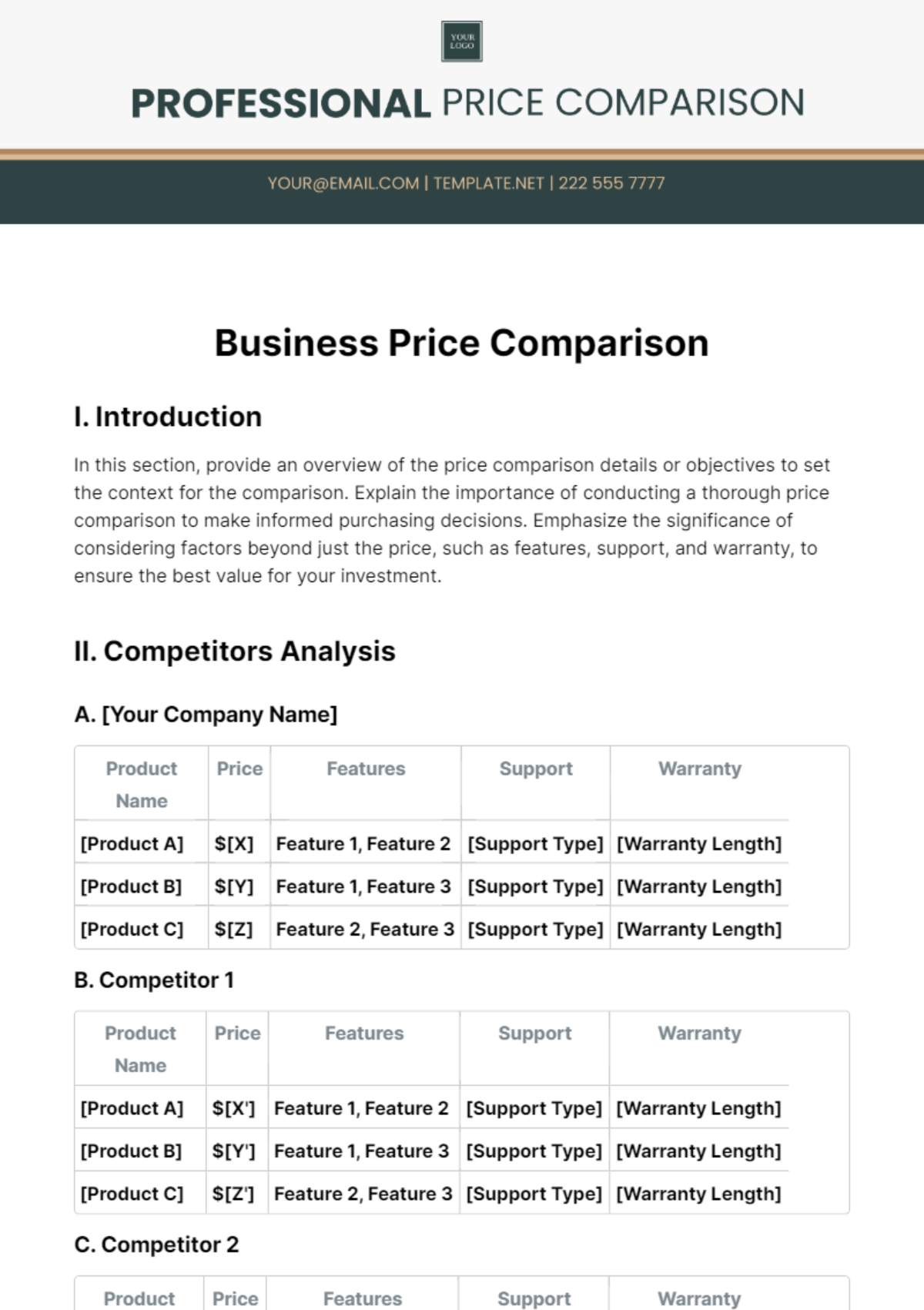 Business Price Comparison Template