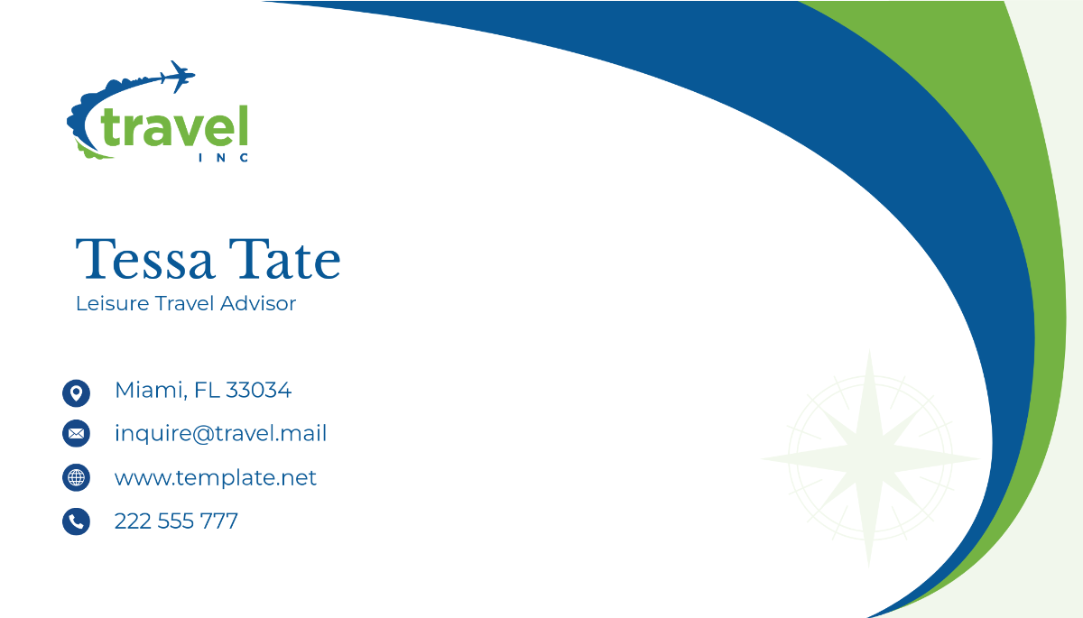Free Leisure Travel Advisor Business Card Template to Edit Online
