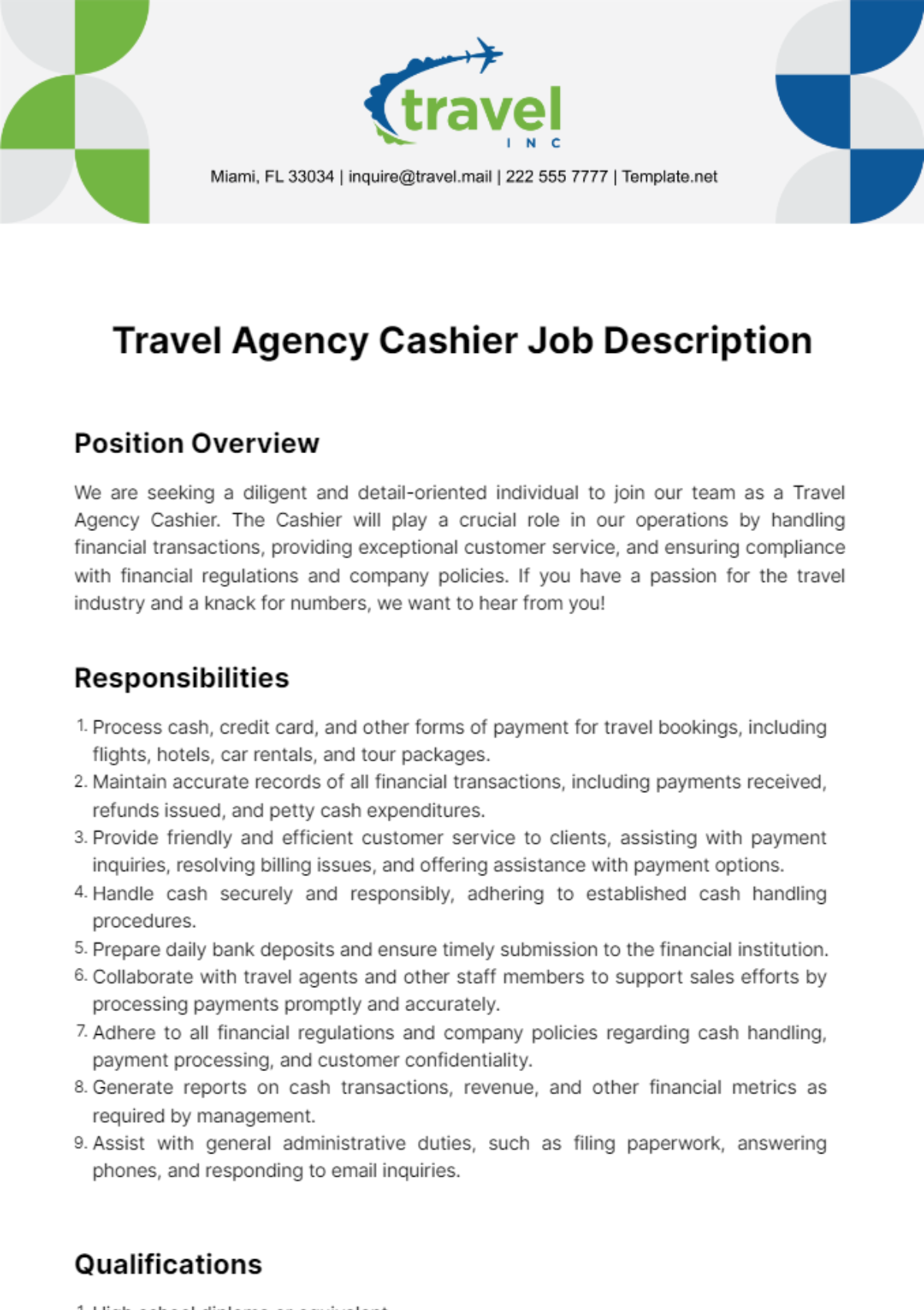 Free Travel Agency Cashier Job Description Template