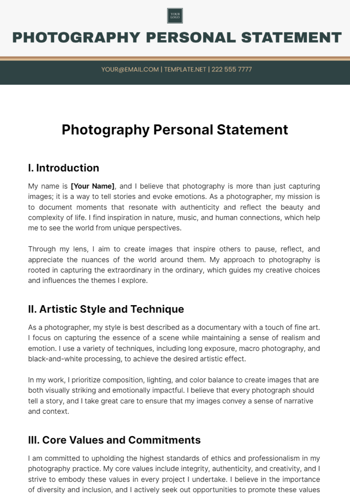 Photography Personal Statement Template