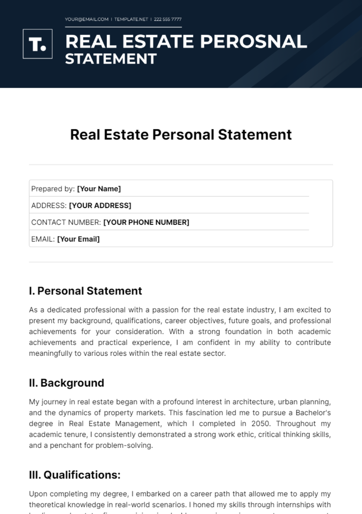 Real Estate Personal Statement Template