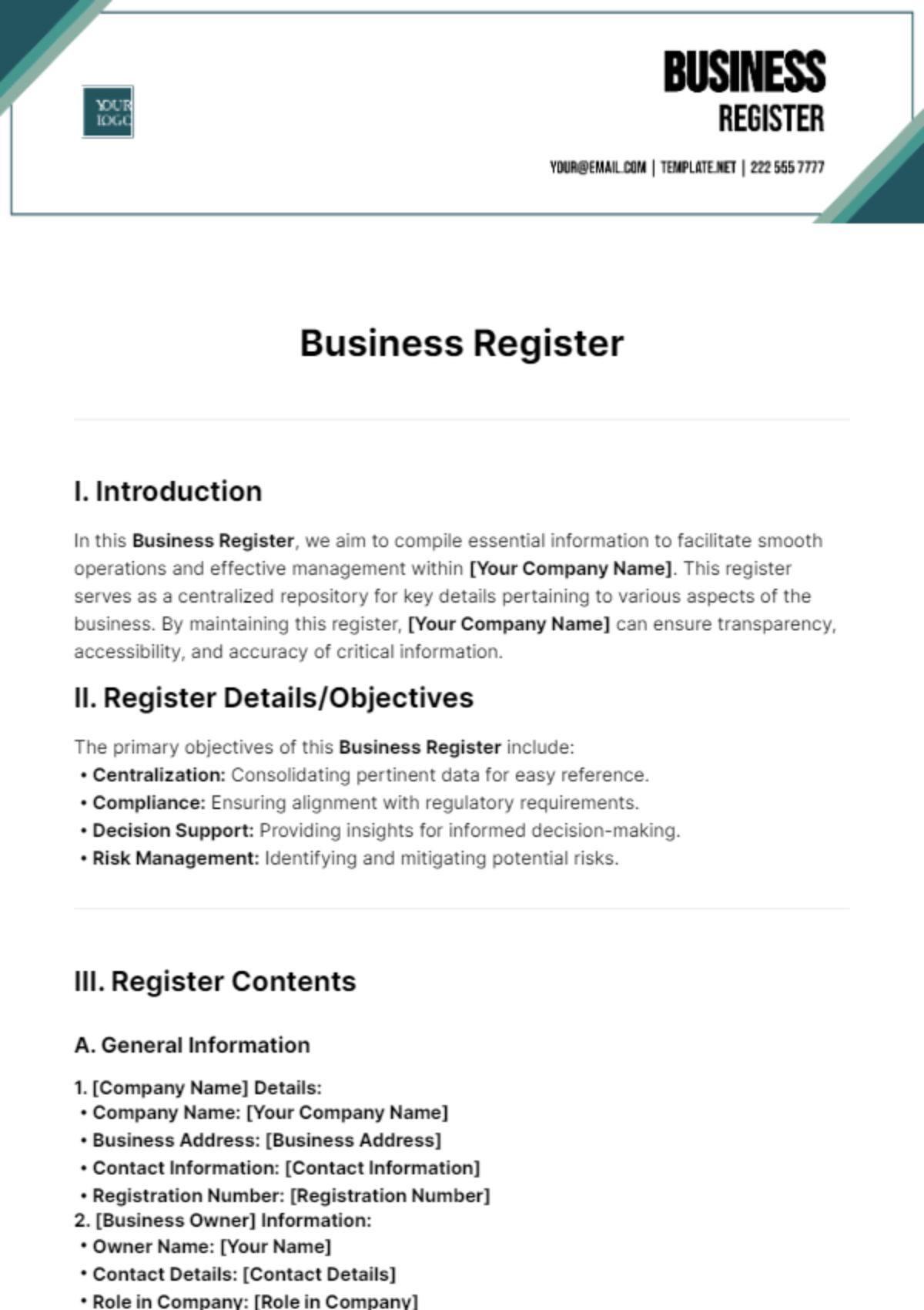 Business Register Template