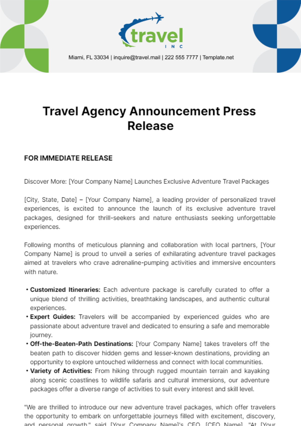 Free Travel Agency Announcement Press Release Template