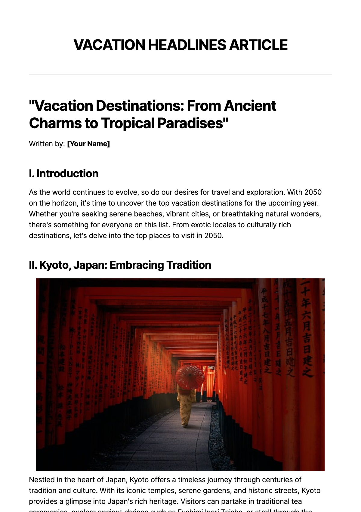 Free Vacation Headlines Article Template