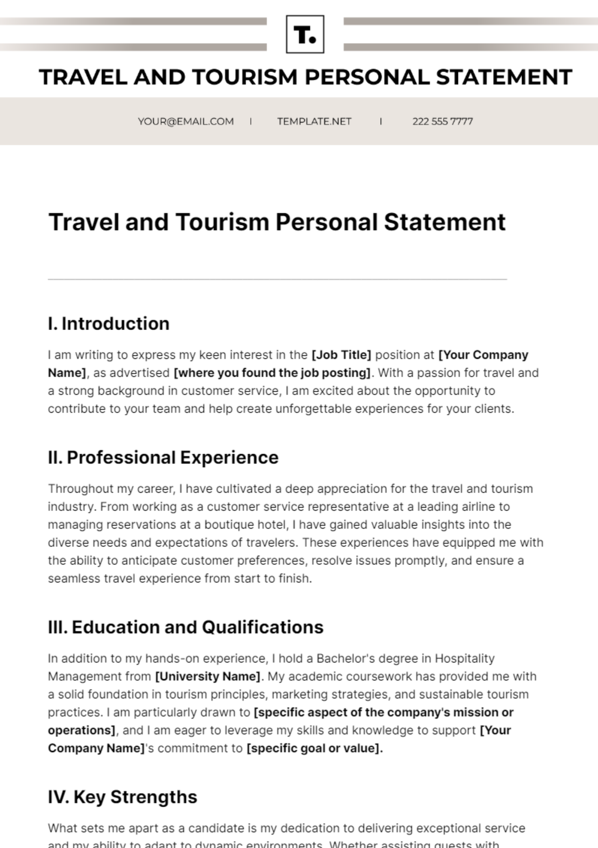 Travel and Tourism Personal Statement Template