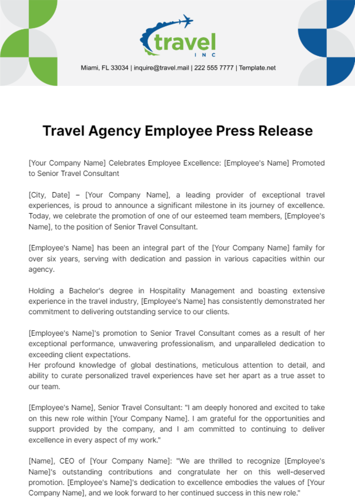 Travel Agency Employee Press Release Template