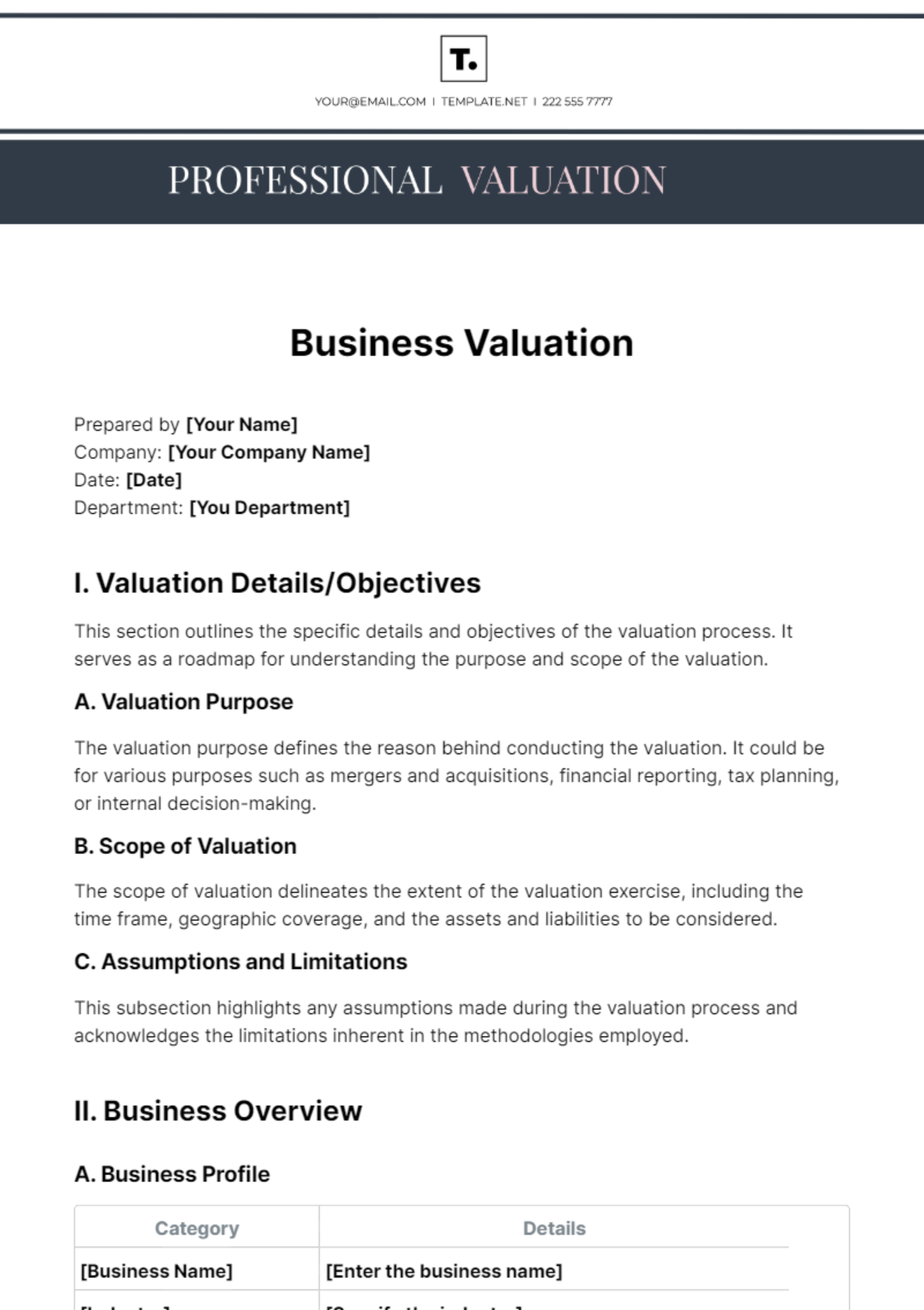 Business Valuation Template