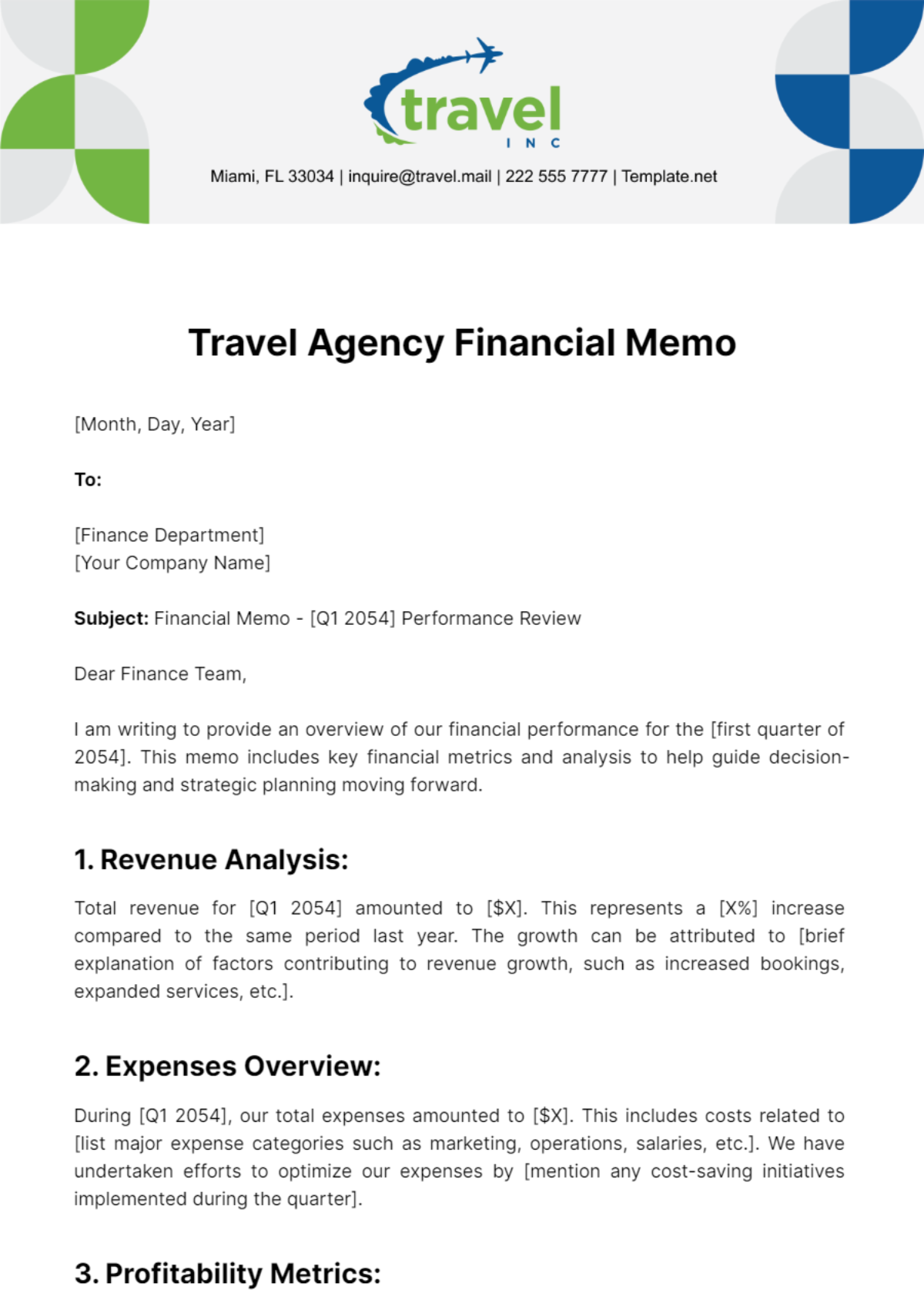 Travel Agency Financial Memo Template