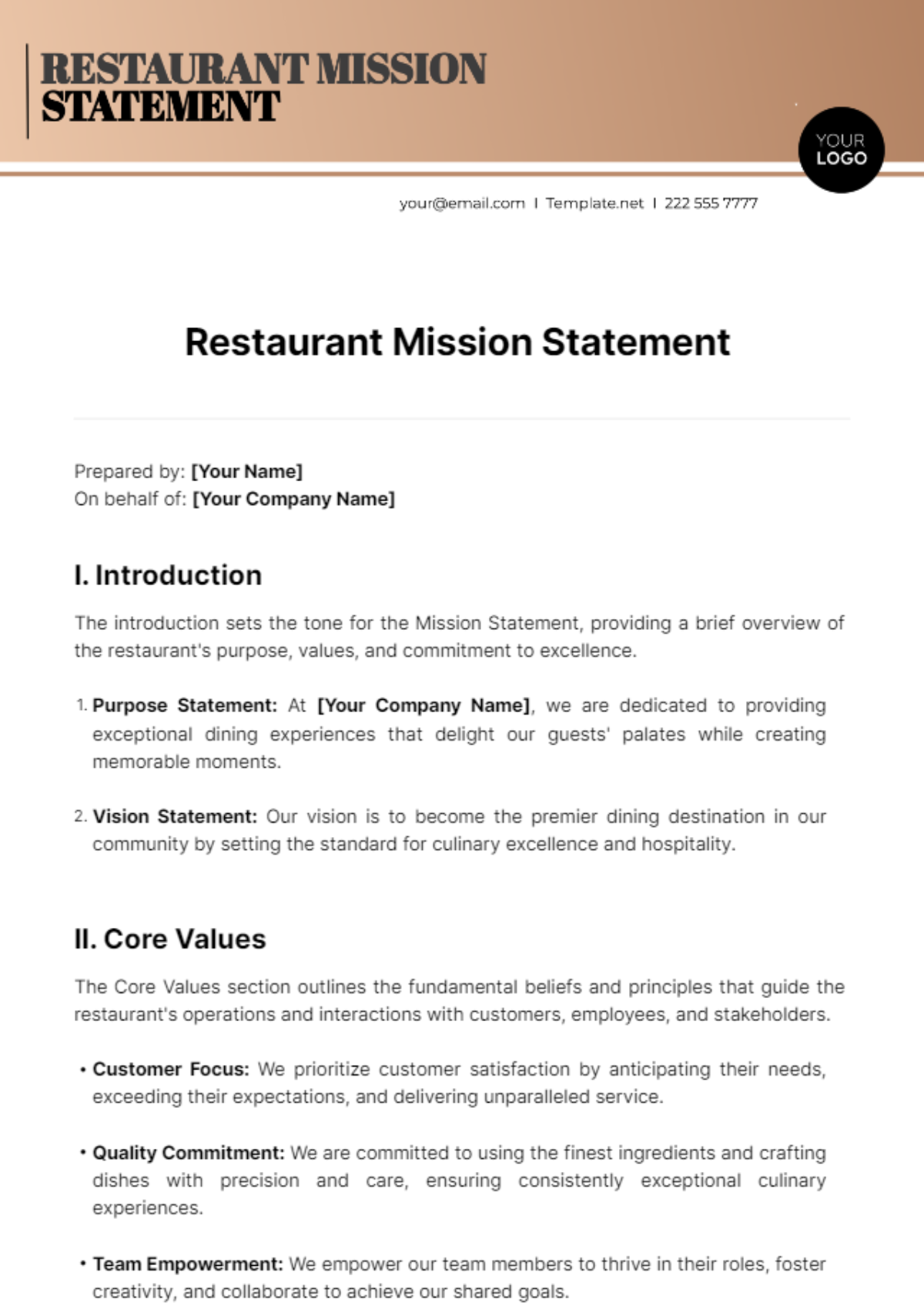 Restaurant Mission Statement Template
