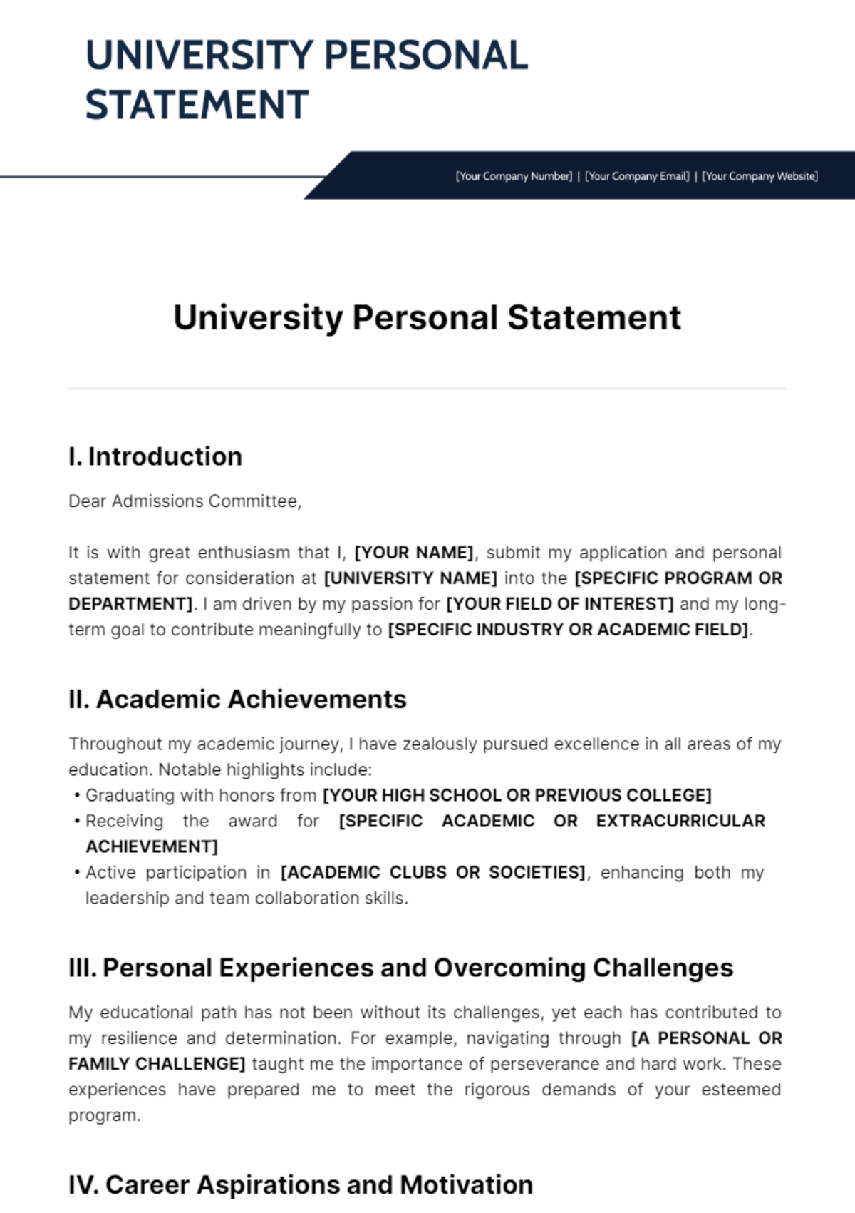 University Personal Statement Template