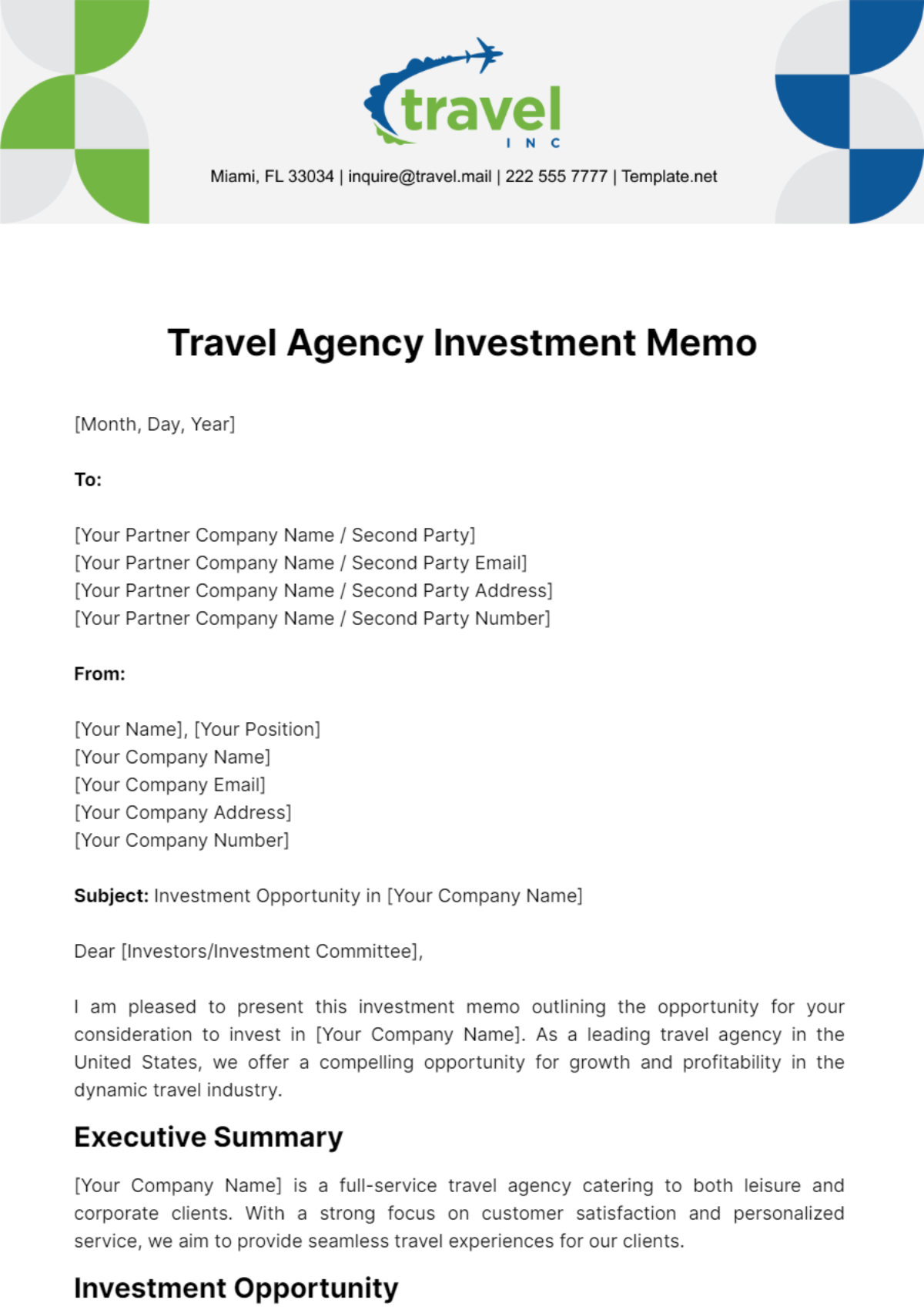 Travel Agency Investment Memo Template - Edit Online & Download