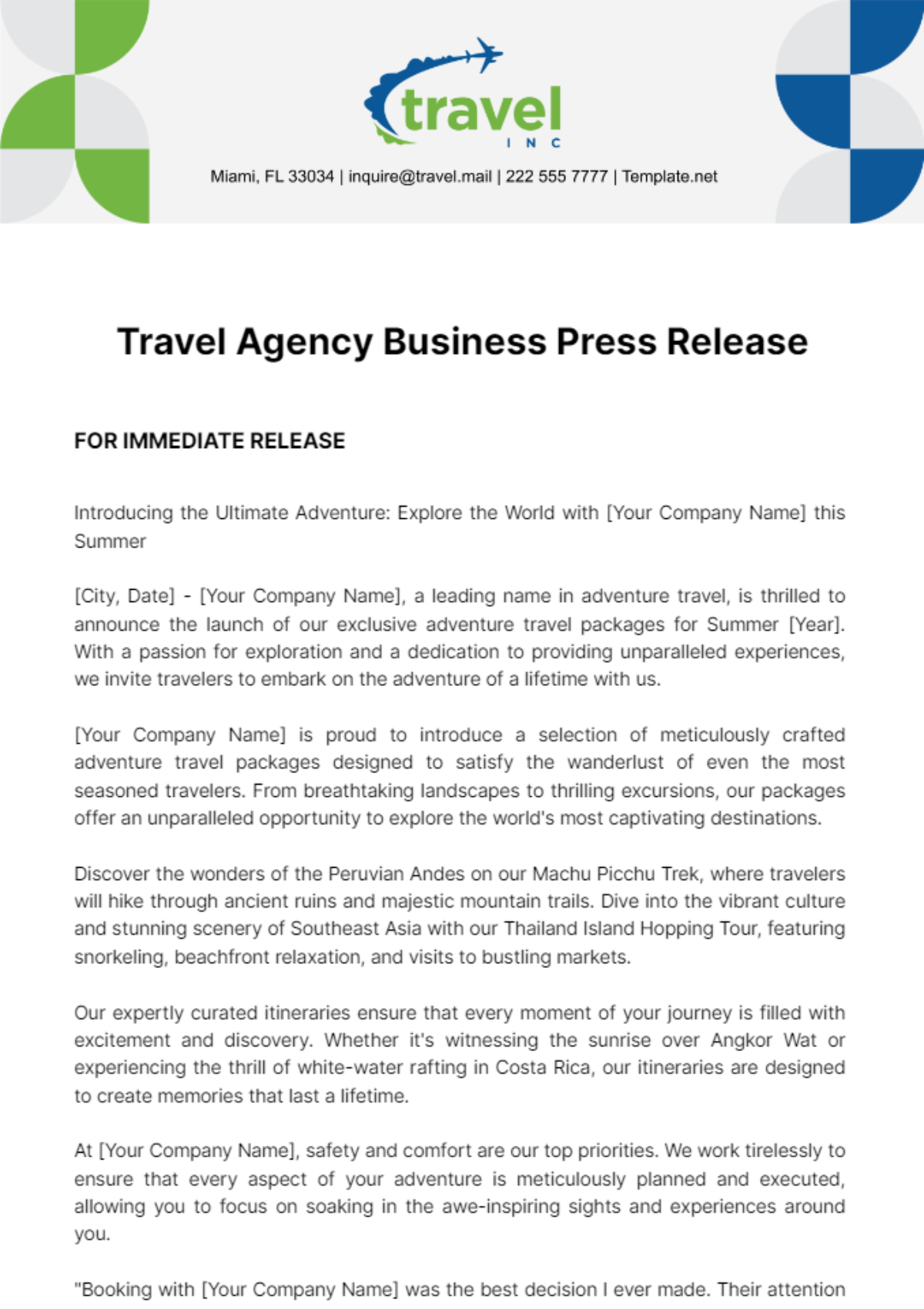 Free Travel Agency Business Press Release Template