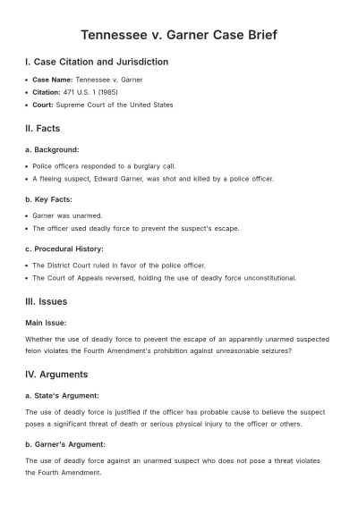 Free Tennessee v. Garner Case Brief Template to Edit Online
