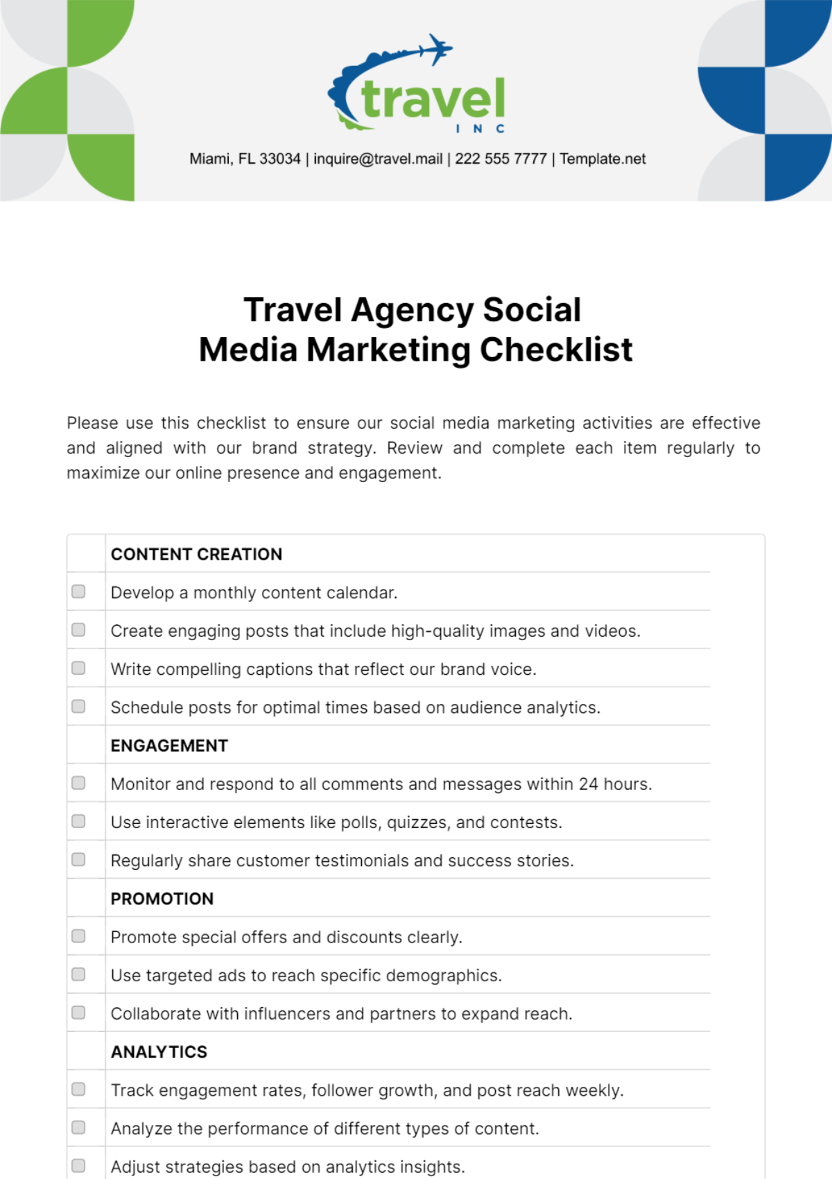 Free Travel Agency Social Media Marketing Checklist Template
