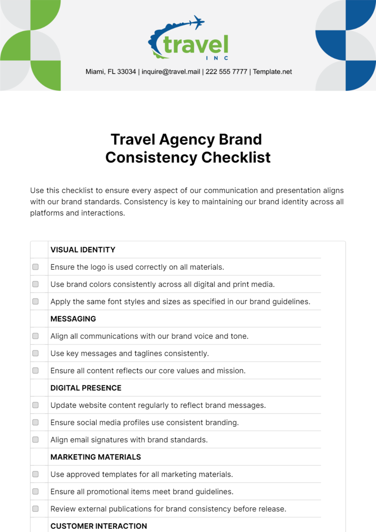 Travel Agency Brand Consistency Checklist Template