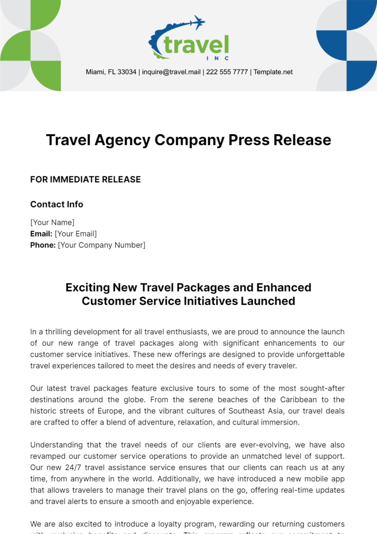 Travel Agency Company Press Release Template