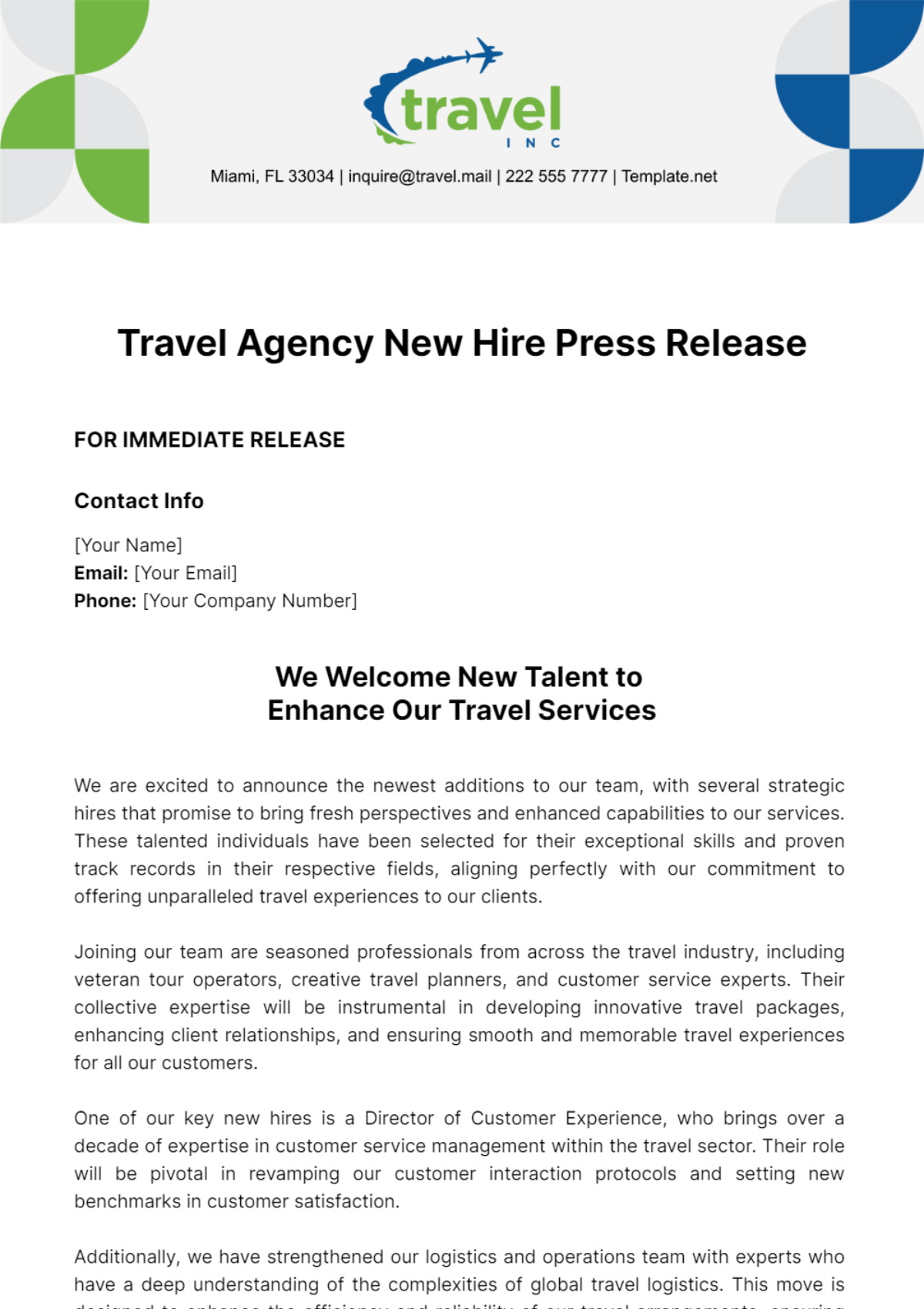 Free Travel Agency New Hire Press Release Template