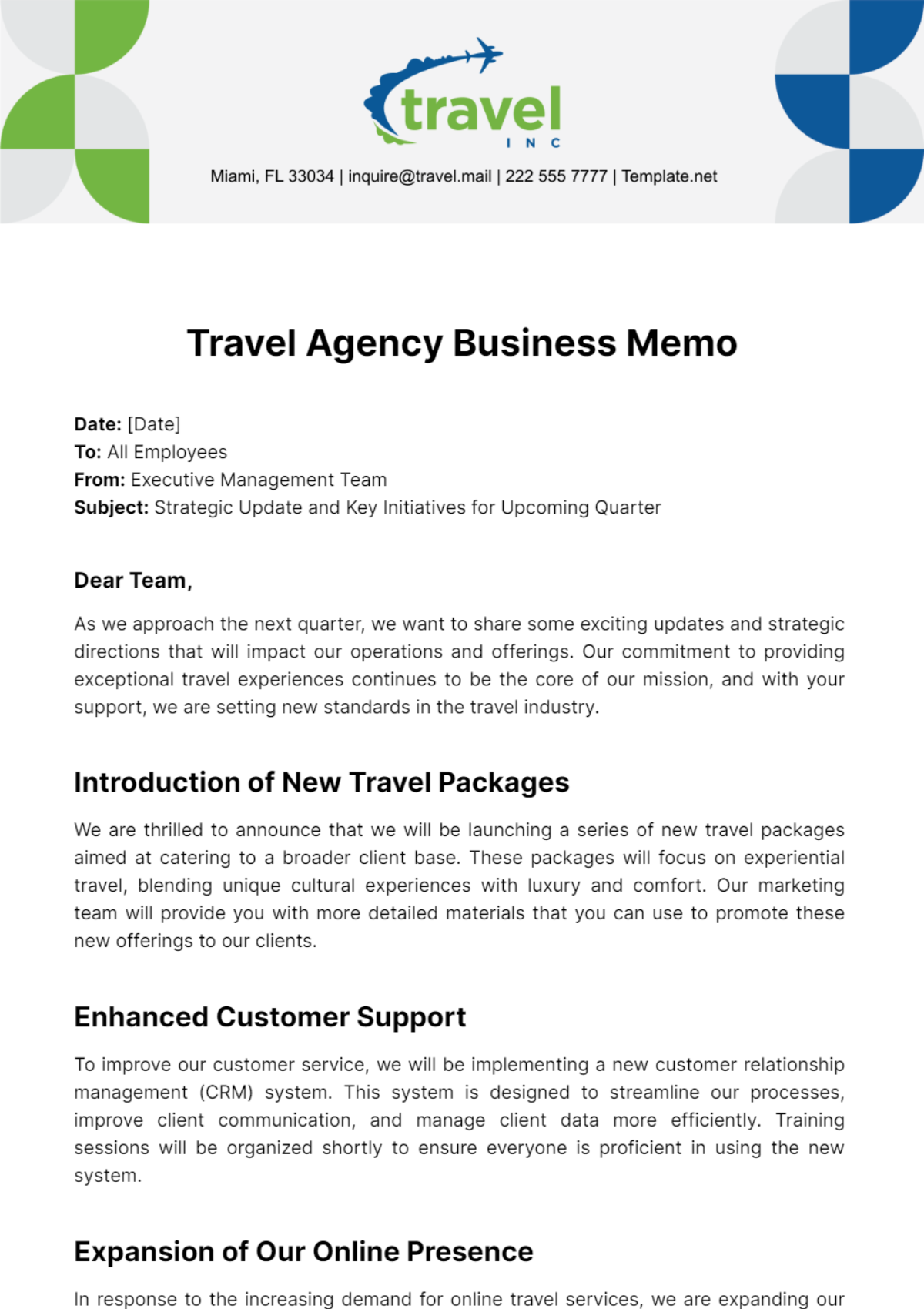 Free Travel Agency Business Memo Template