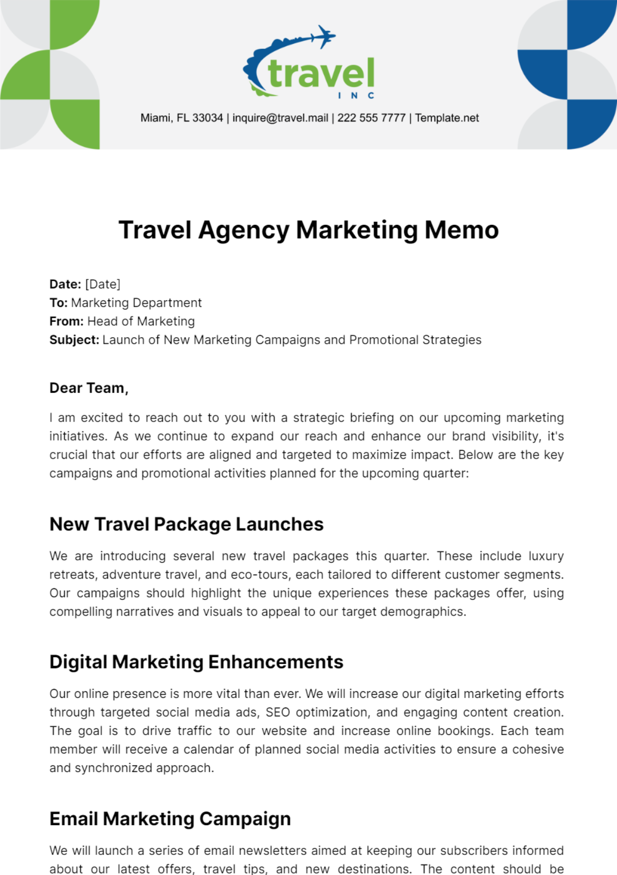 Travel Agency Marketing Memo Template