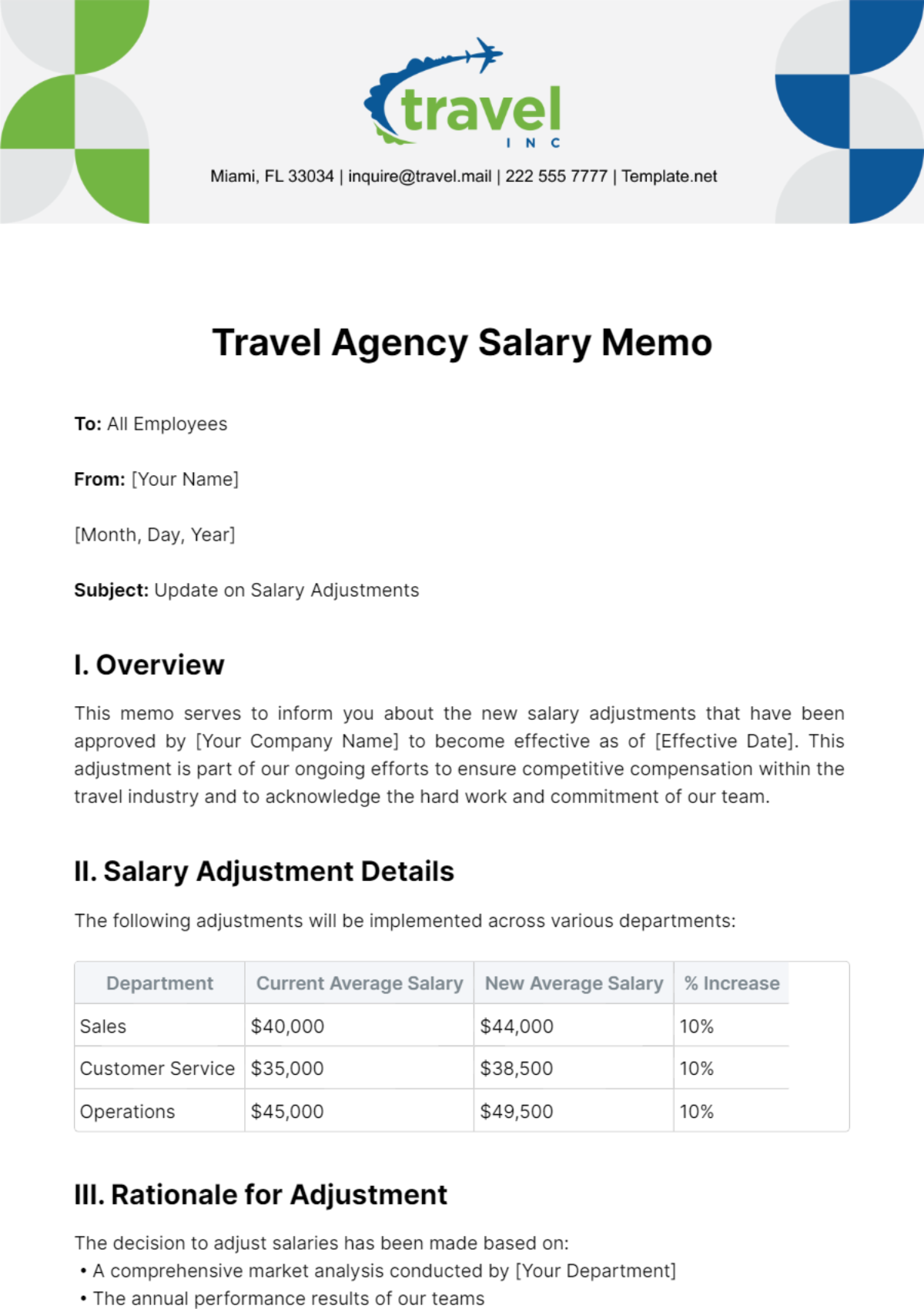 Travel Agency Salary Memo Template