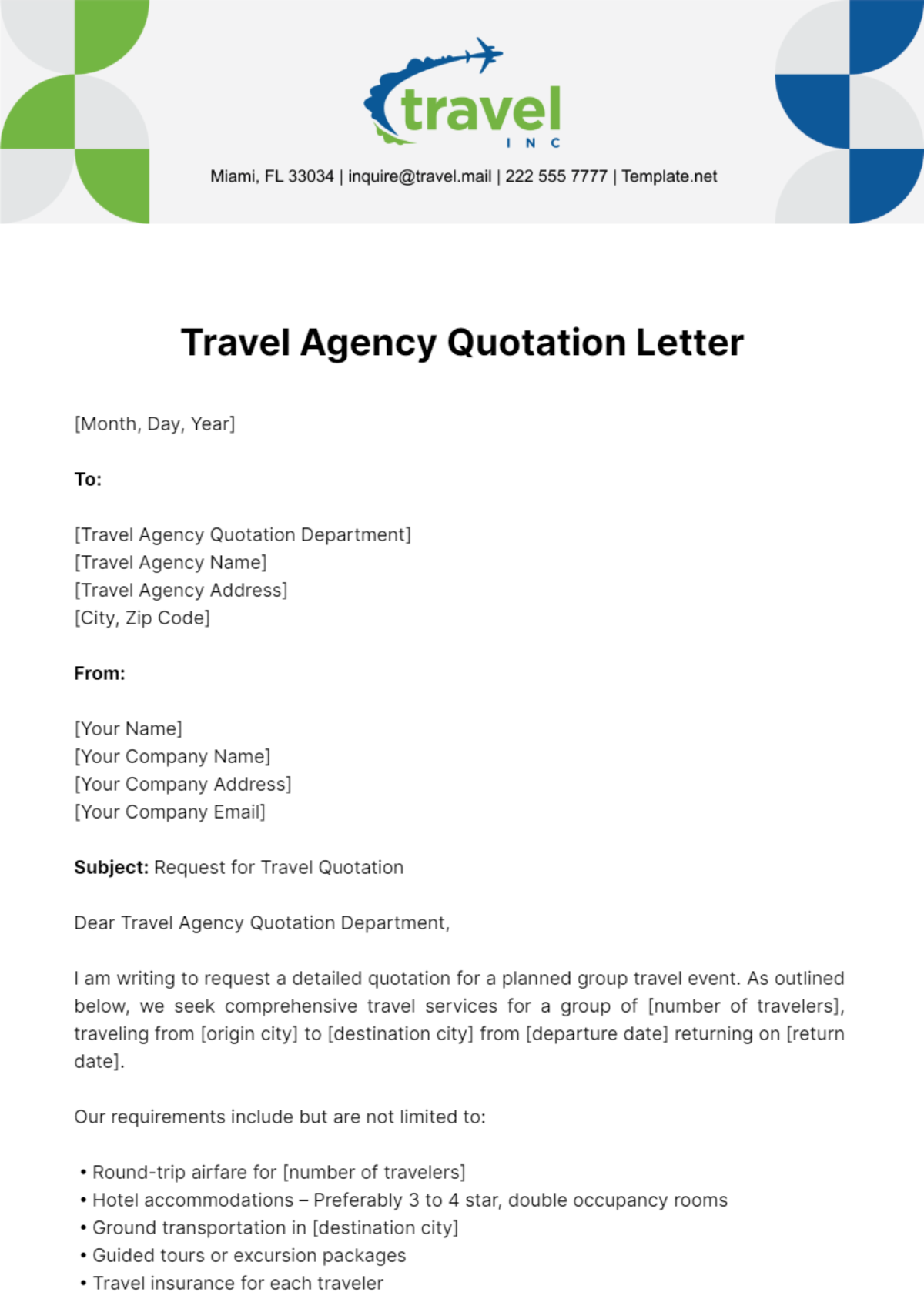 Free Travel Agency Quotation Letter Template