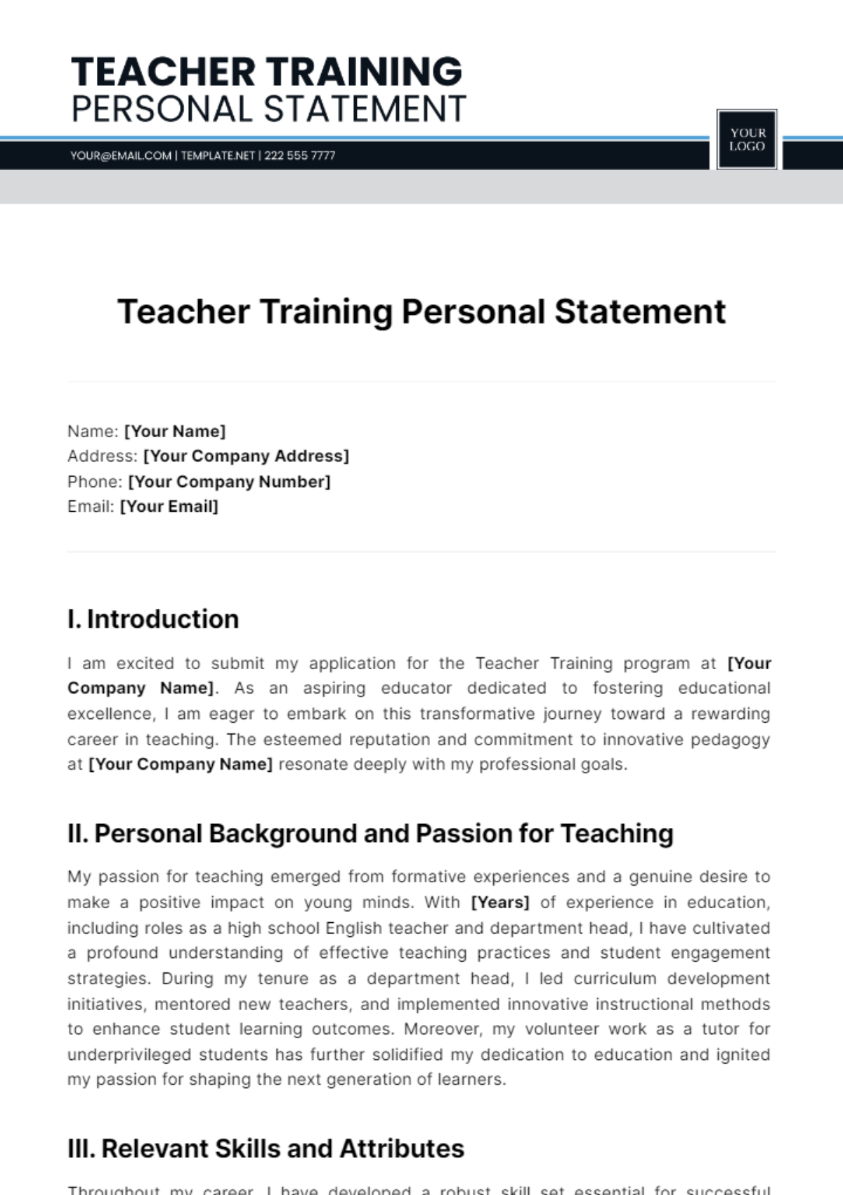 Teacher Traning Personal Statement Template