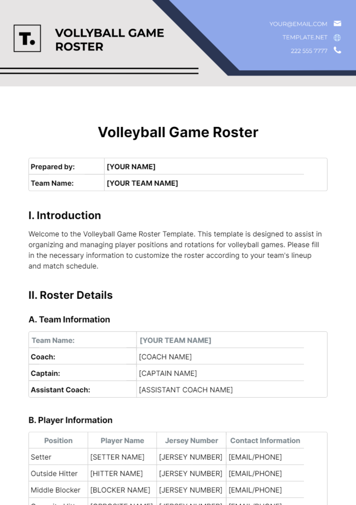 Free Volleyball Game Roster Template