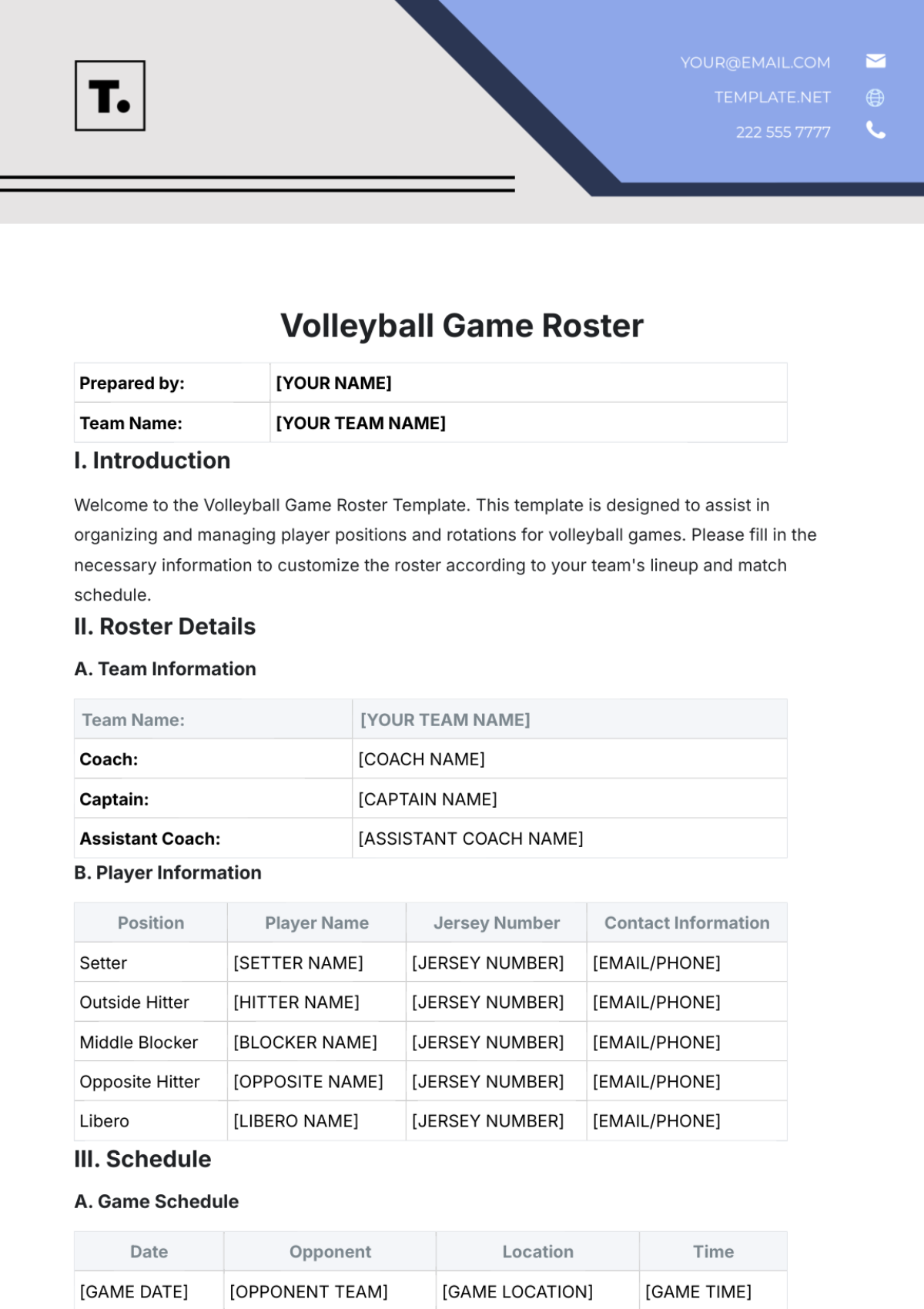 Volleyball Game Roster Template